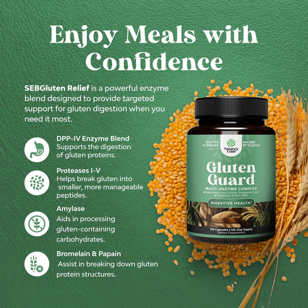 Nature's Craft packaging emphasizes gluten and dairy digestion support after meals