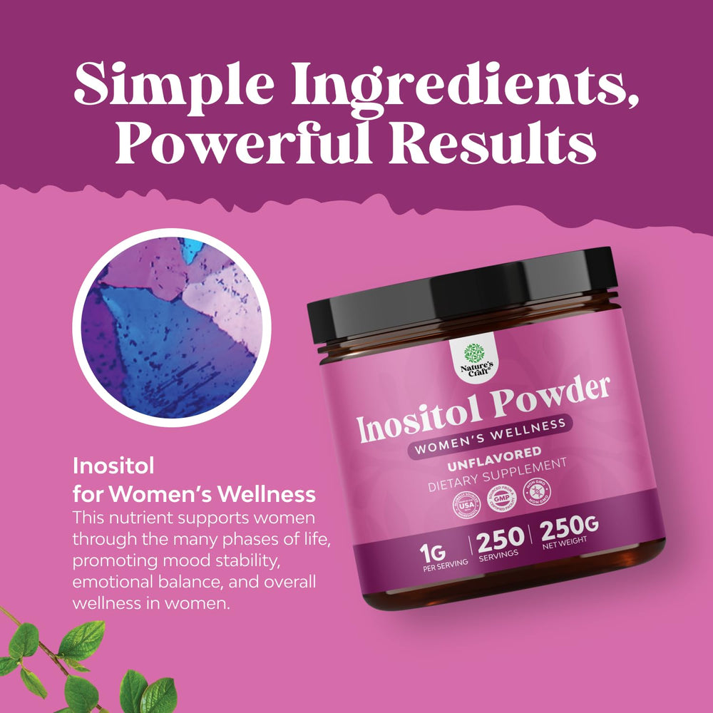 NaturesCraft Inositol Powder packaging closeup emphasizes gluten-free and non-GMO features.