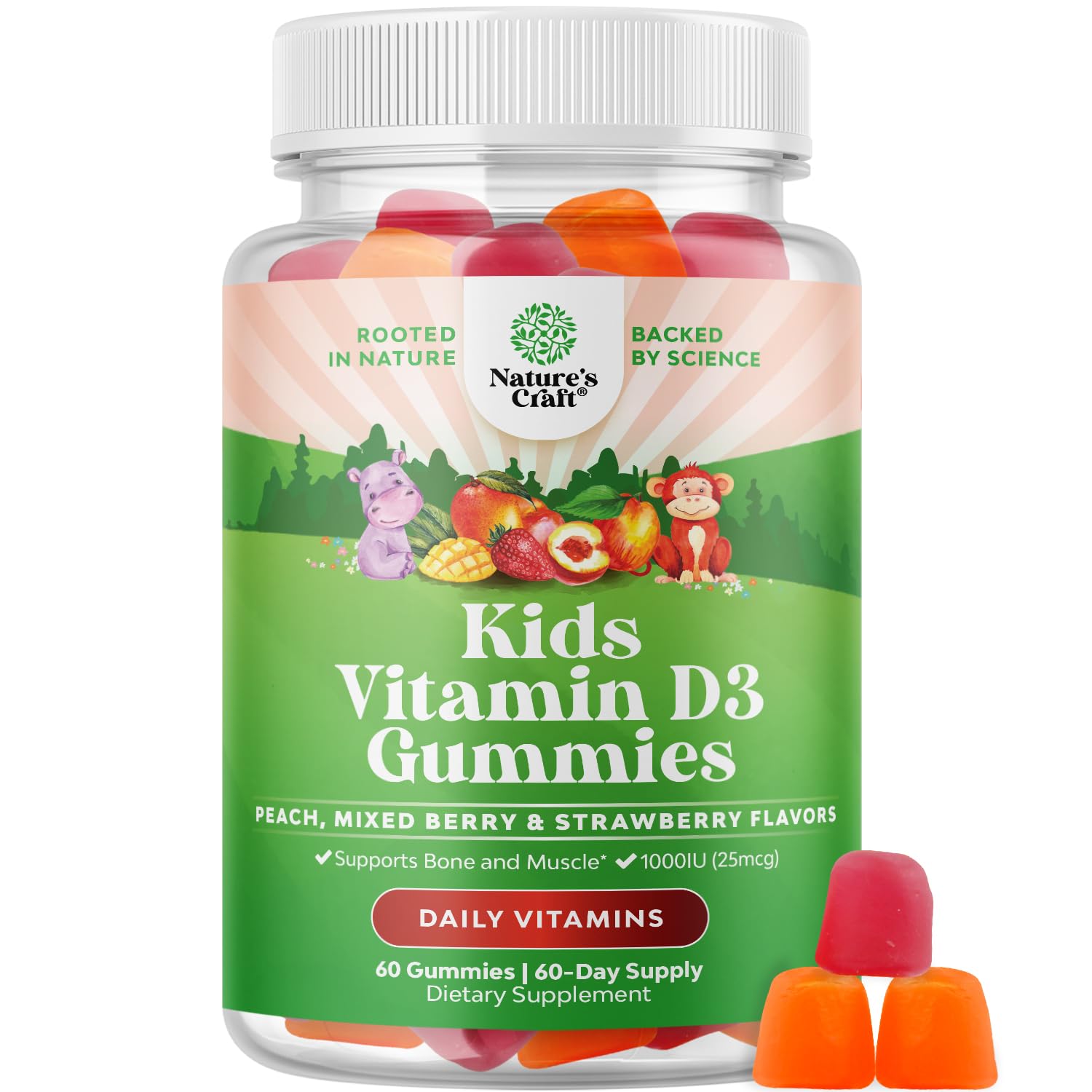 NaturesCraft Kids Vitamin D Gummies bottle showcases tasty, gelatin-free vitamin D offering daily support