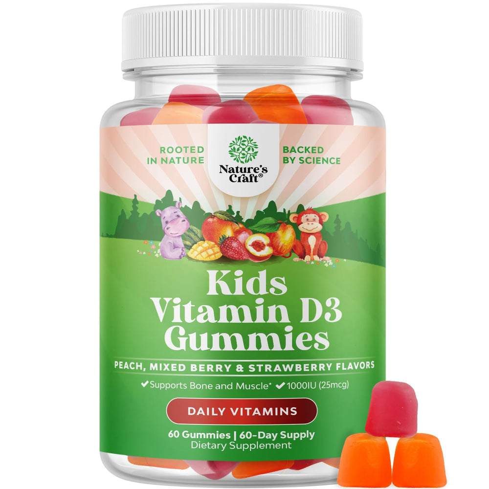 NaturesCraft Kids Vitamin D Gummies bottle showcases tasty, gelatin-free vitamin D offering daily support