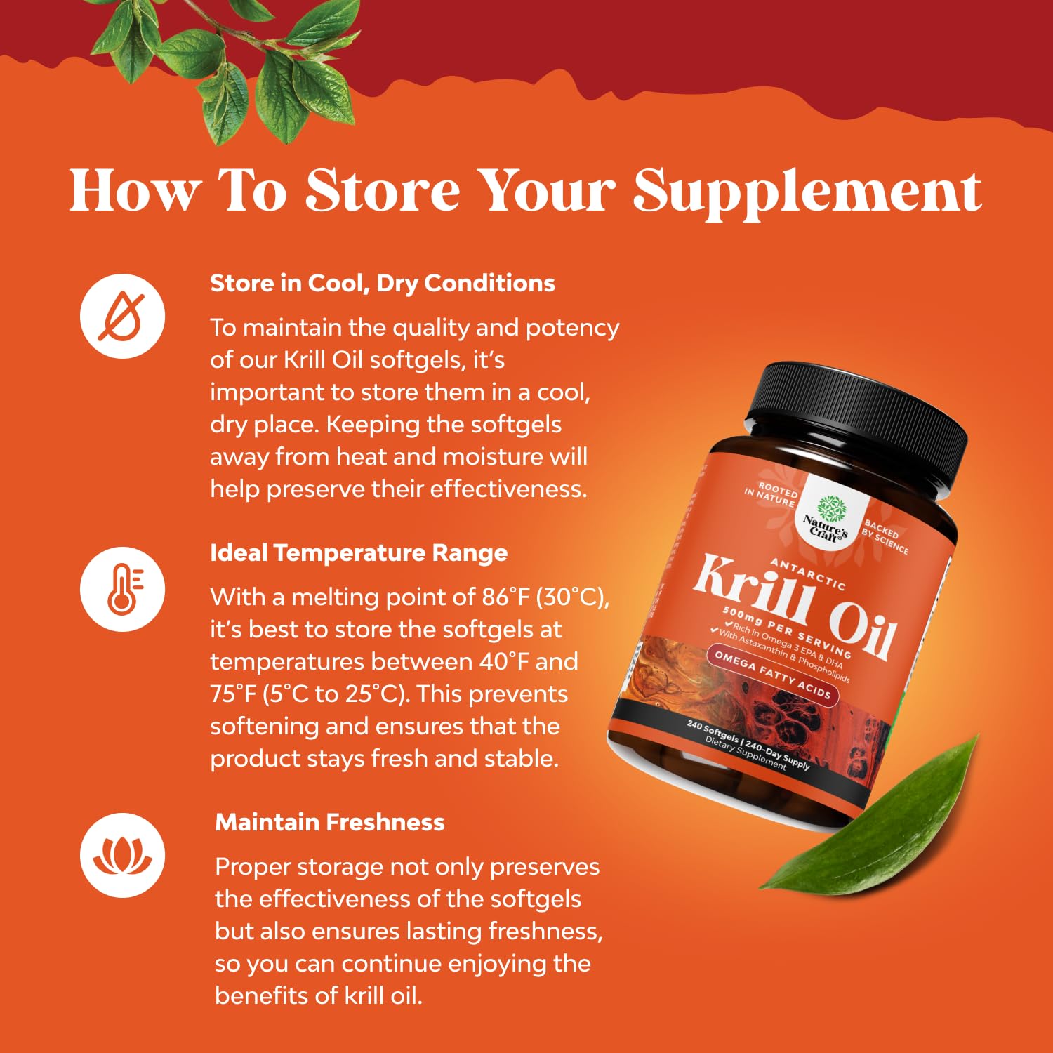 Natures Craft krill oil capsules close-up highlighting easy swallow.