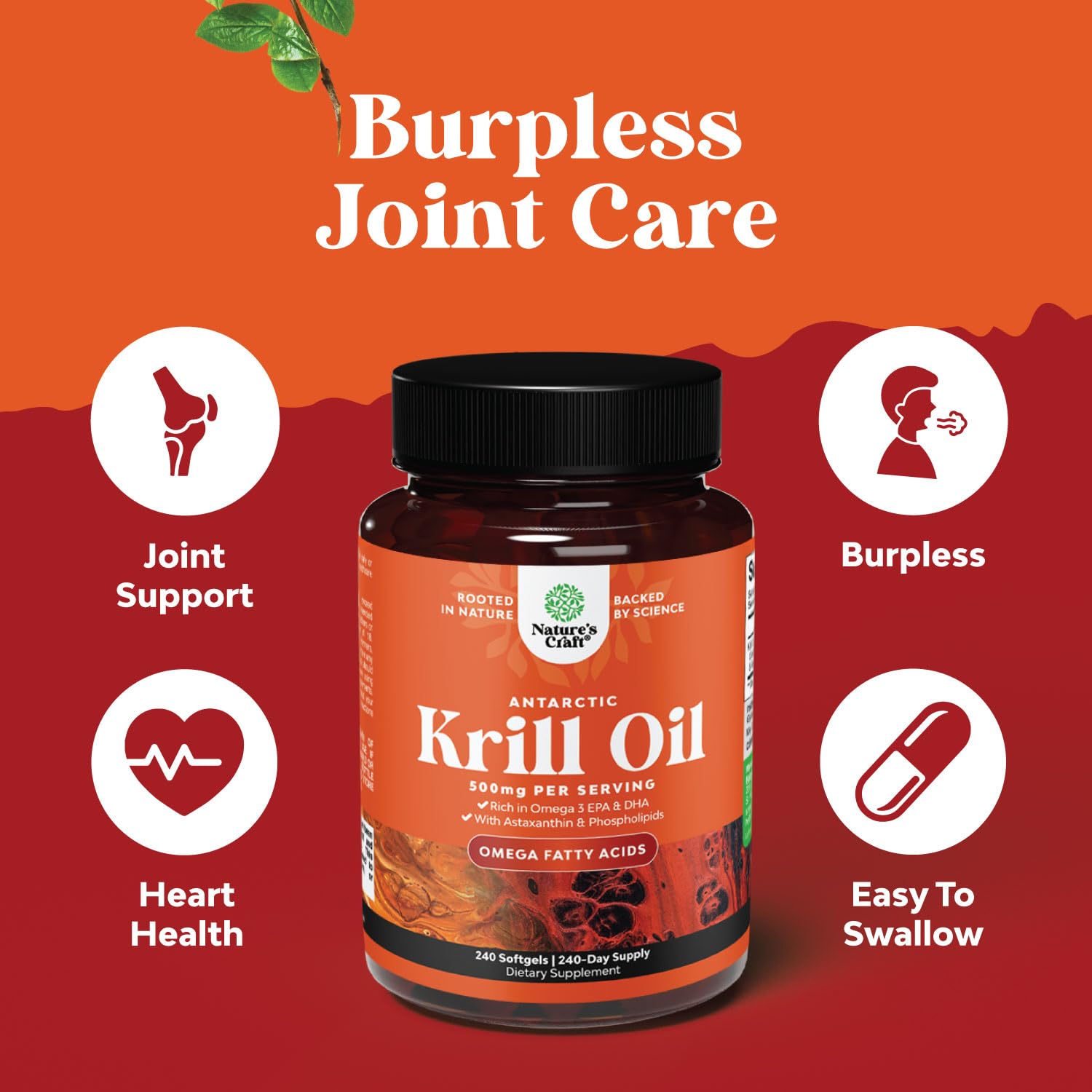 Natures Craft krill oil softgels in hand for on-the-go use.