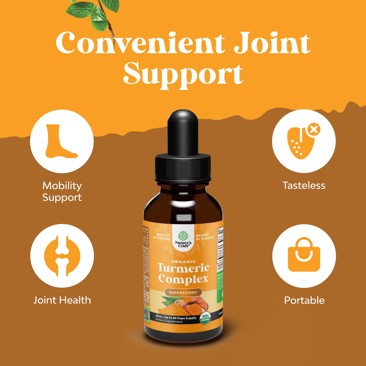 Organic ingredients label on Nature’s Craft turmeric drops emphasizing vegan, non-GMO quality.