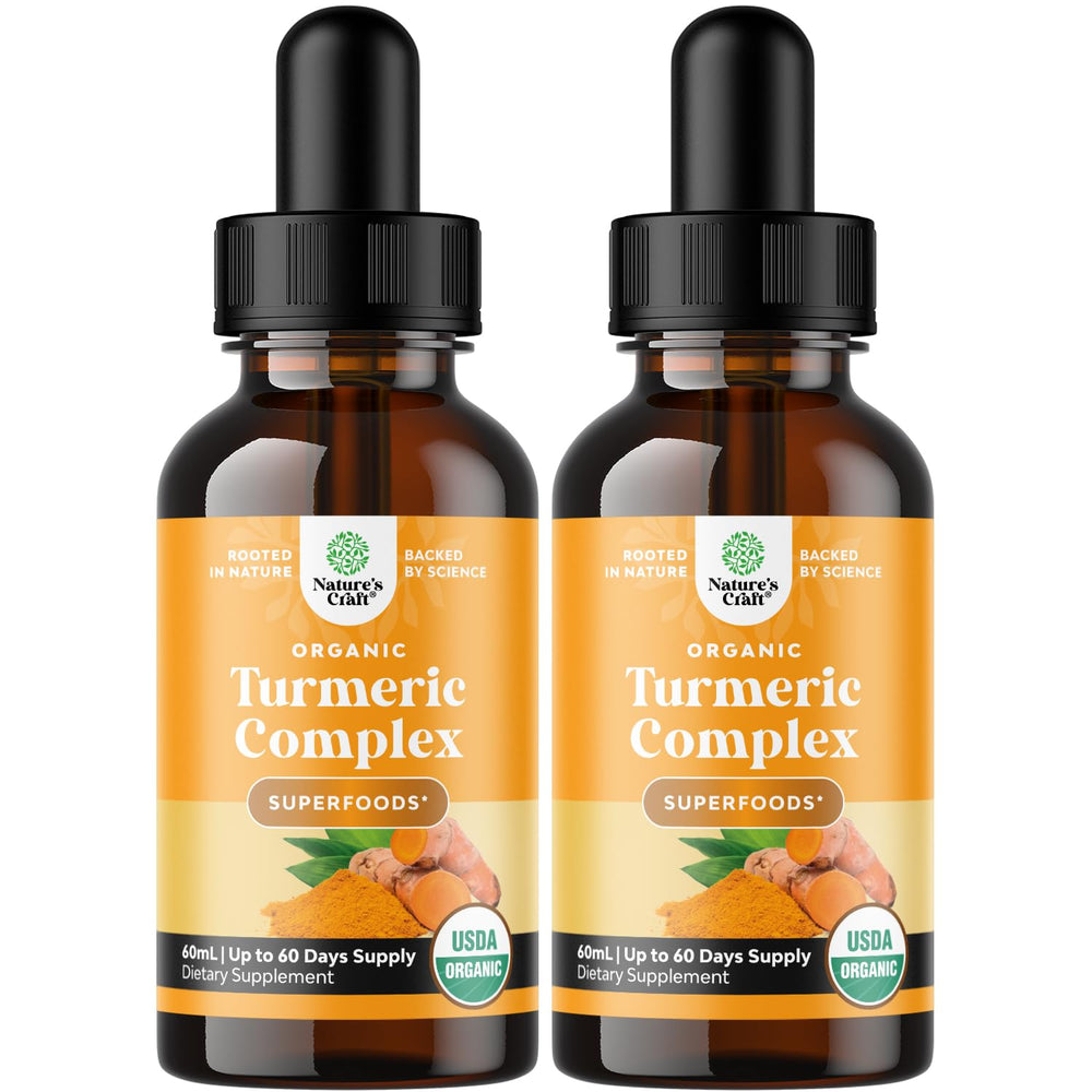 Nature’s Craft Organic Turmeric Liquid Drops bottle with golden liquid for daily wellness.