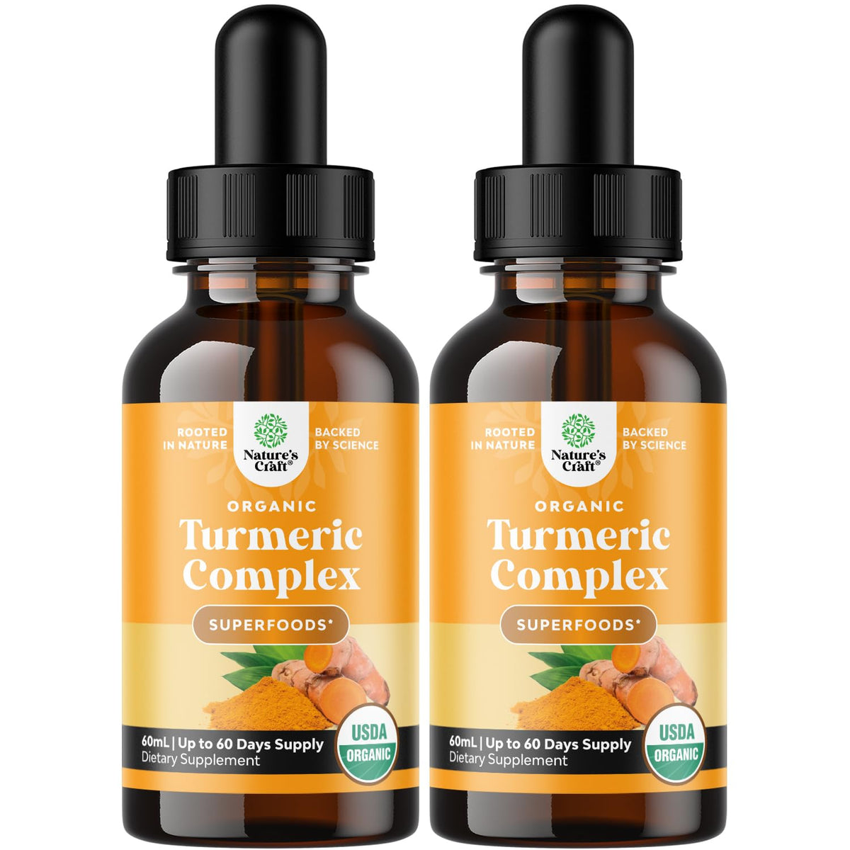 Nature’s Craft Organic Turmeric Liquid Drops bottle with golden liquid for daily wellness.