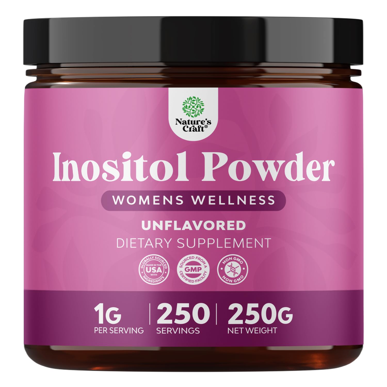 NaturesCraft Premium Inositol Powder bottle prompts daily use for hormonal balance.
