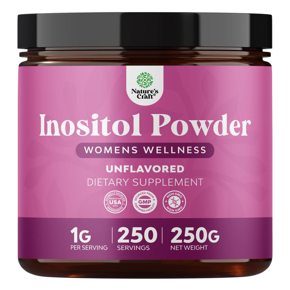 NaturesCraft Premium Inositol Powder bottle prompts daily use for hormonal balance.