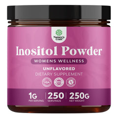 NaturesCraft Premium Inositol Powder bottle prompts daily use for hormonal balance.