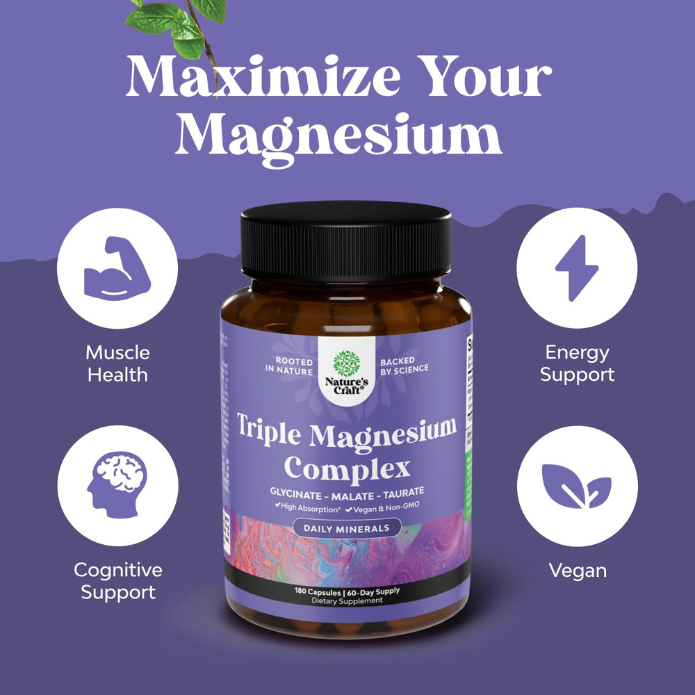 Front label of Natures Craft Triple Magnesium showing glycinate, malate, taurate blend.