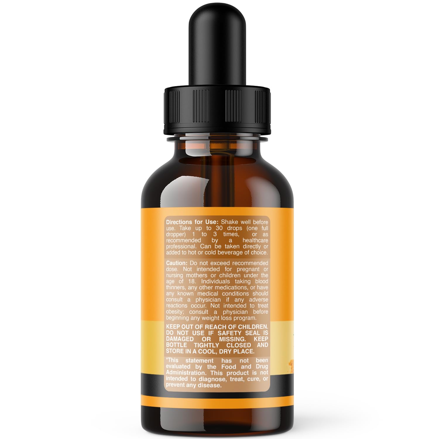 Close-up of the dropper releasing turmeric liquid drops for simple dosing.