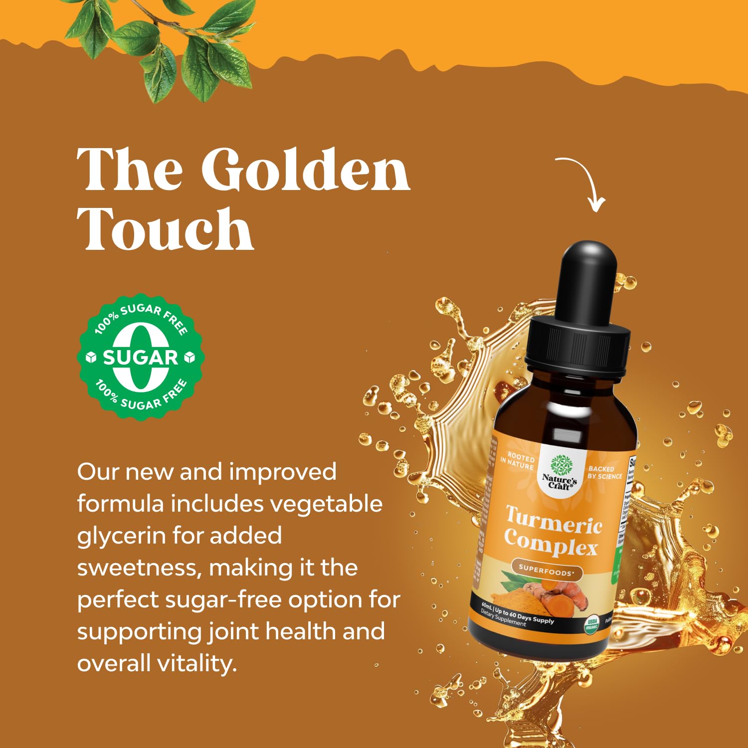 Glass bottle of turmeric liquid drops pouring a golden stream for easy use.