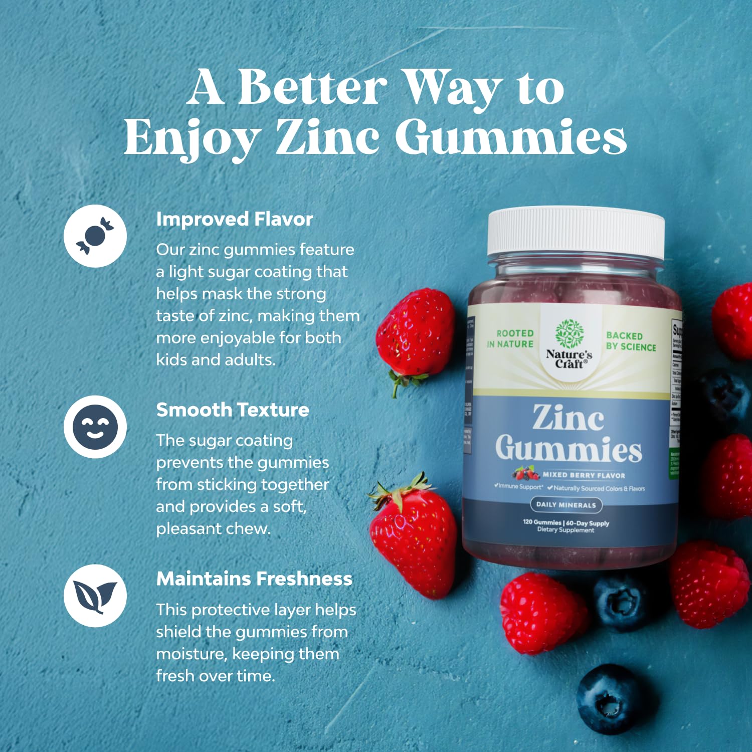 Zinc gummies with berry flavor label for easy daily use