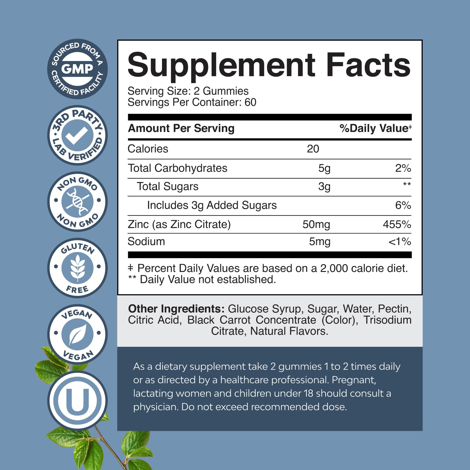 Close-up of zinc gummies bottle highlighting 50 mg zinc citrate absorption