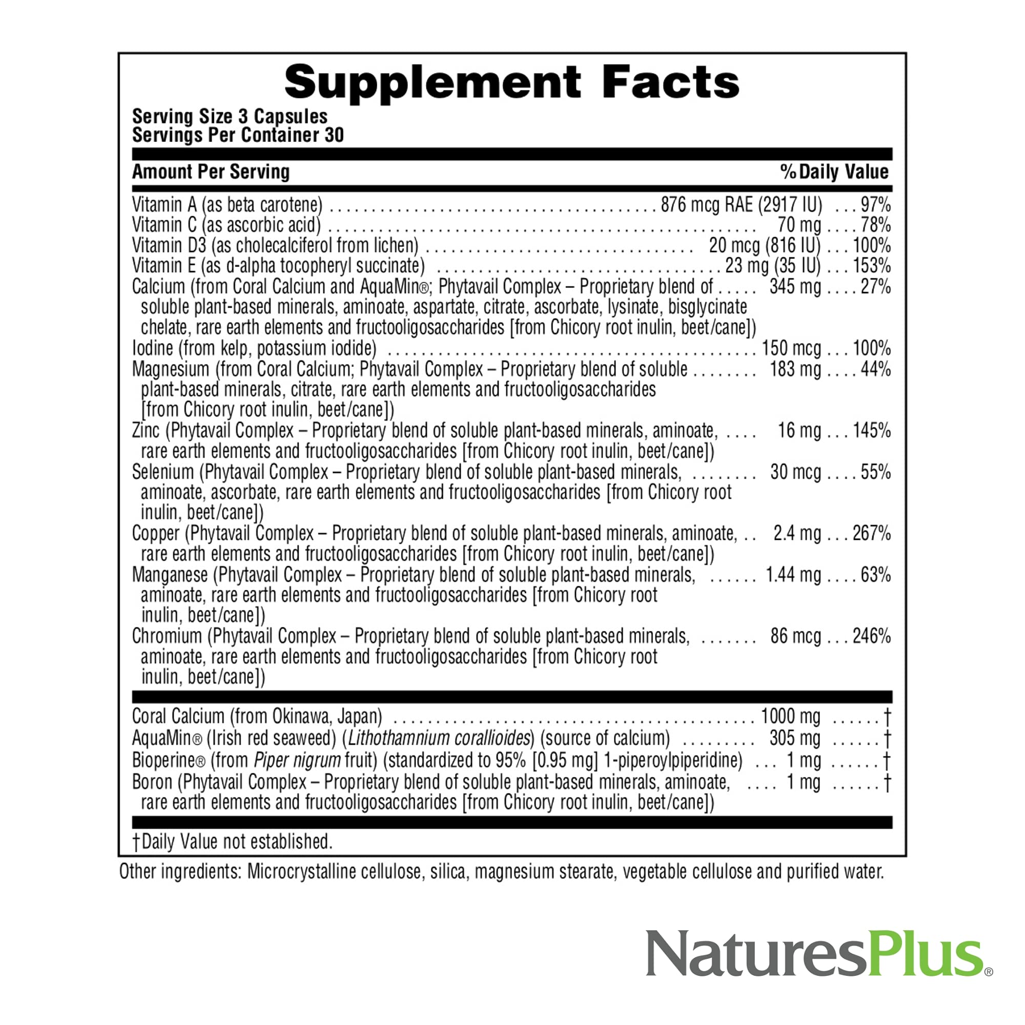 NaturesPlus Activated Coral Calcium box packaging highlights hypoallergenic and gluten-free features.