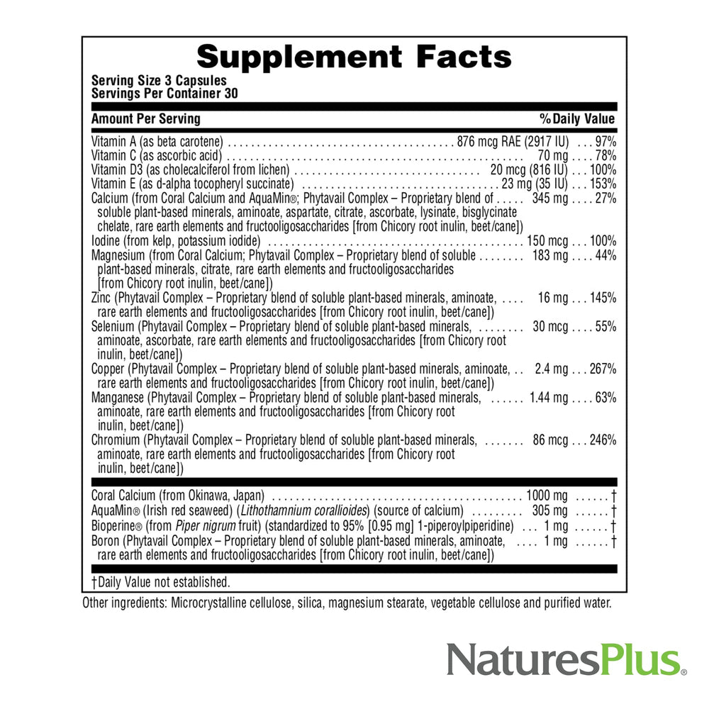NaturesPlus Activated Coral Calcium box packaging highlights hypoallergenic and gluten-free features.