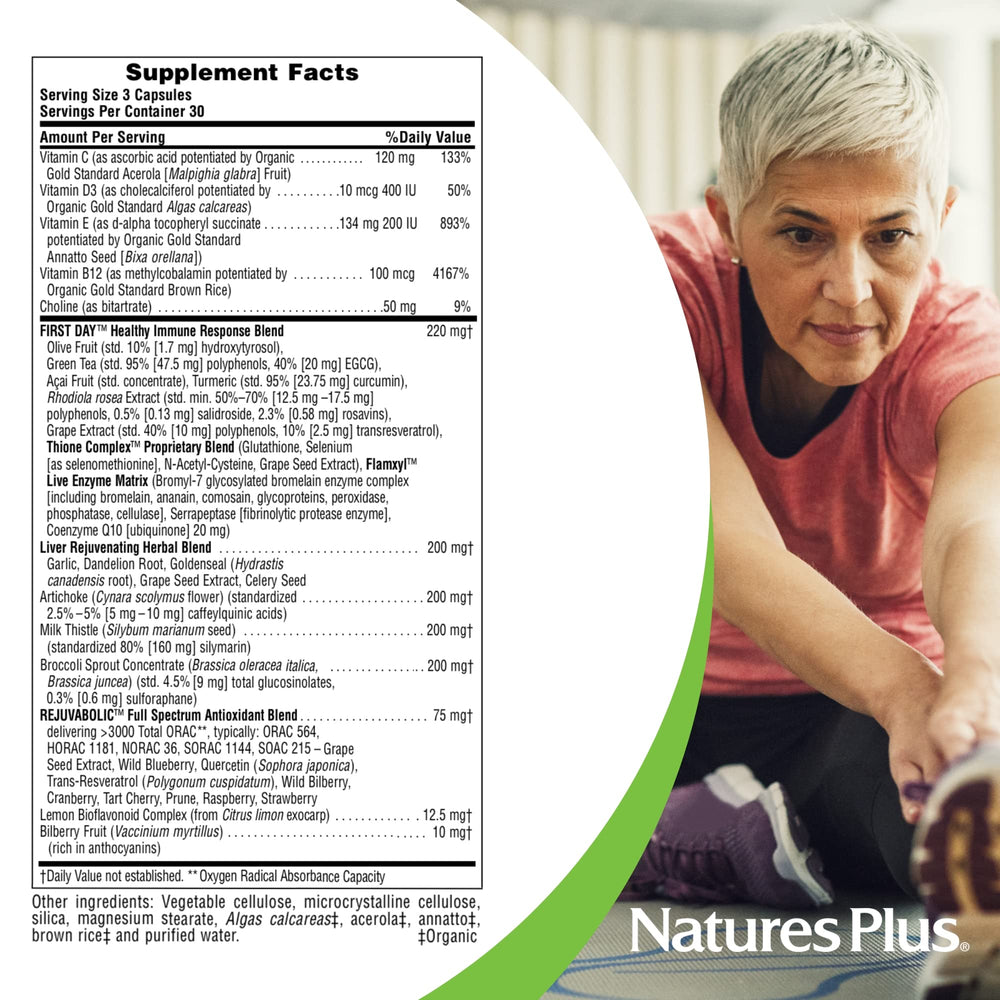 Bottle with 90 capsules displayed beside nutrition facts panel for daily routine