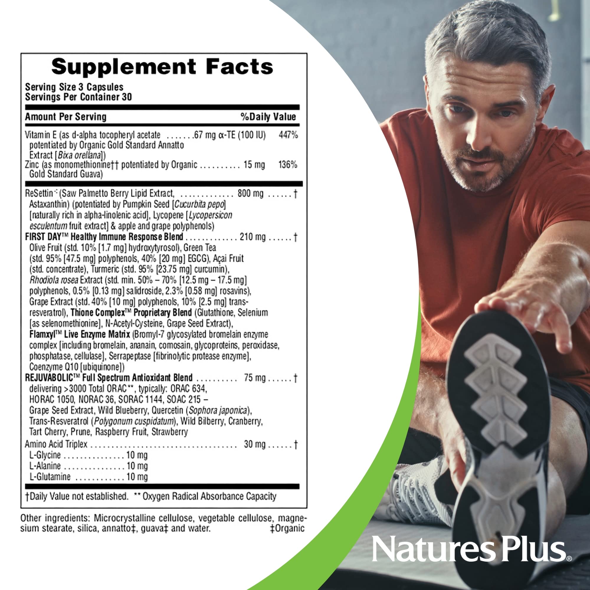 Pumpkin seed and saw palmetto components; may support prostate health.