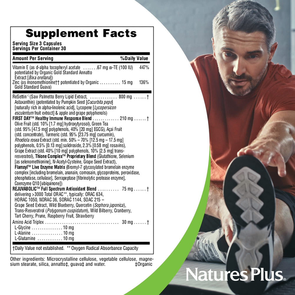 Pumpkin seed and saw palmetto components; may support prostate health.