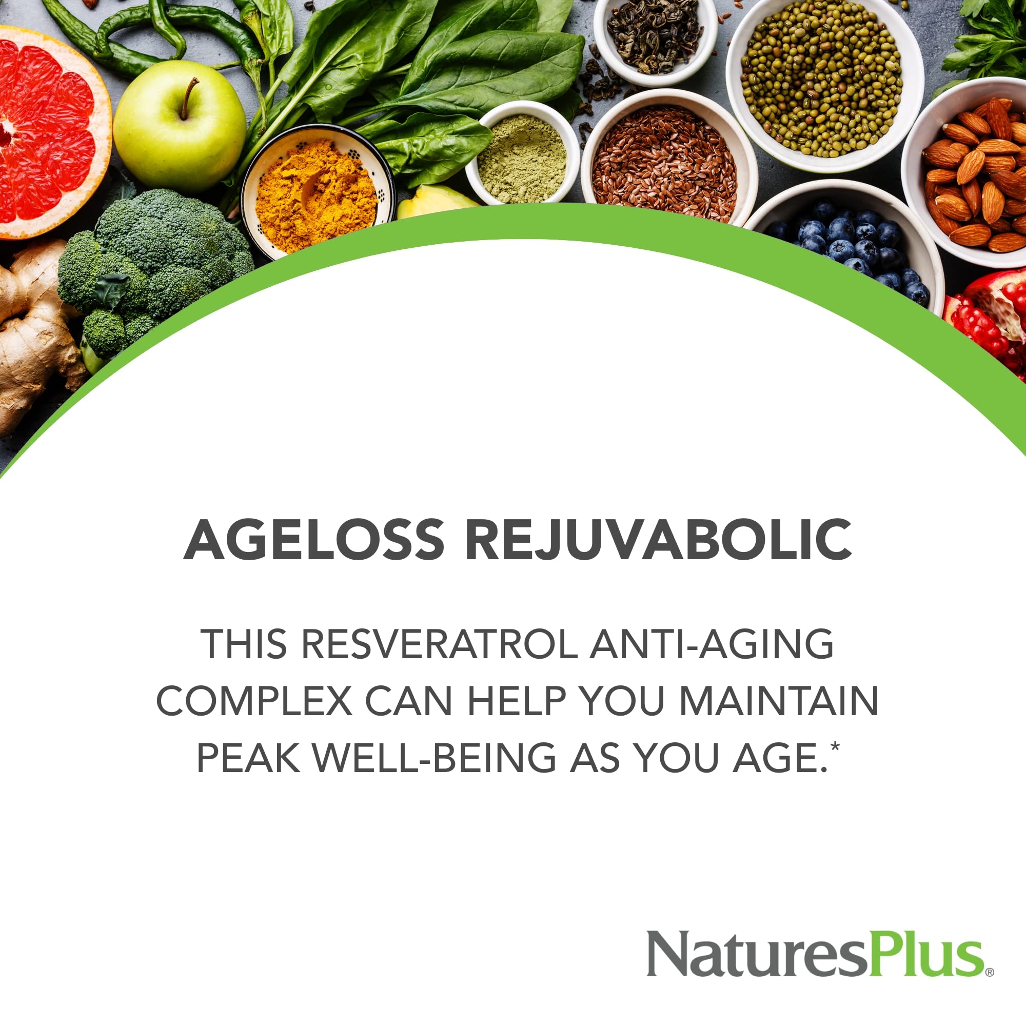 NaturesPlus AgeLoss REJUVABOLIC bottle back showing ingredients and labeling.