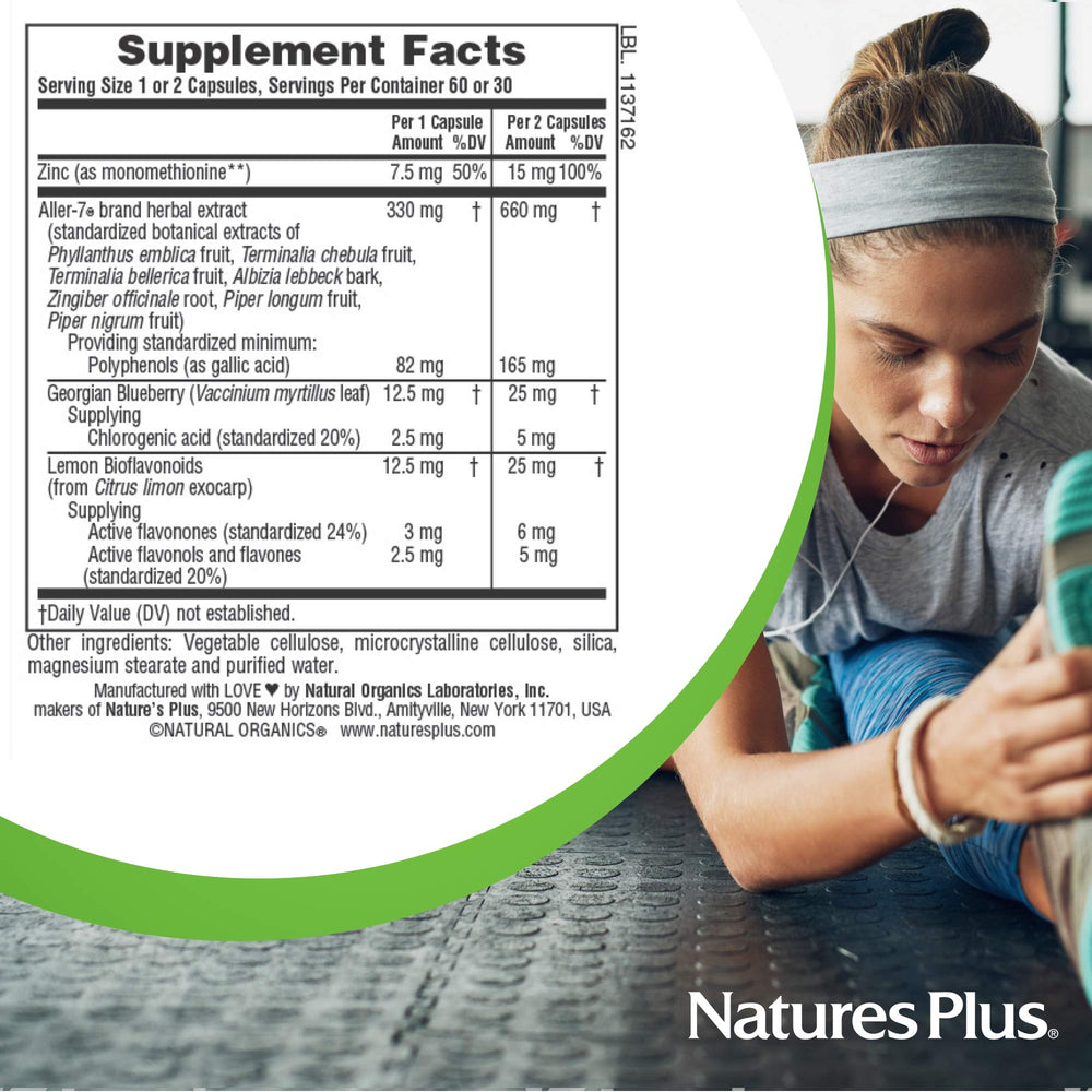 NaturesPlus Aller-7 Rx-Respiration vegetarian capsules shown.
