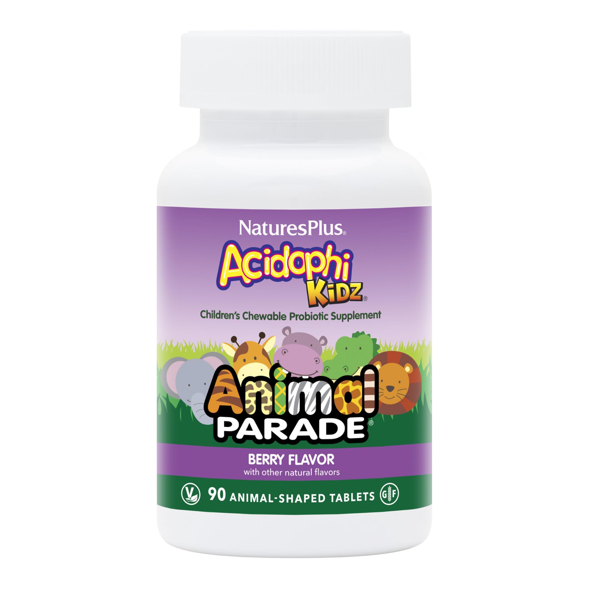 NaturesPlus Animal Parade AcidophiKidz berry chewables bottle shows kid-friendly shape and flavor