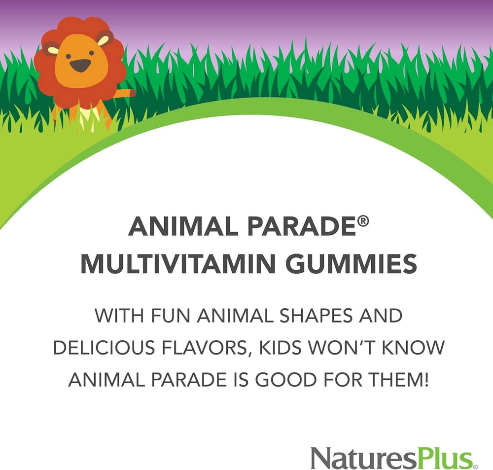 NaturesPlus Animal Parade assorted flavors pack: cherry, grape, orange for tasty daily nutrition.