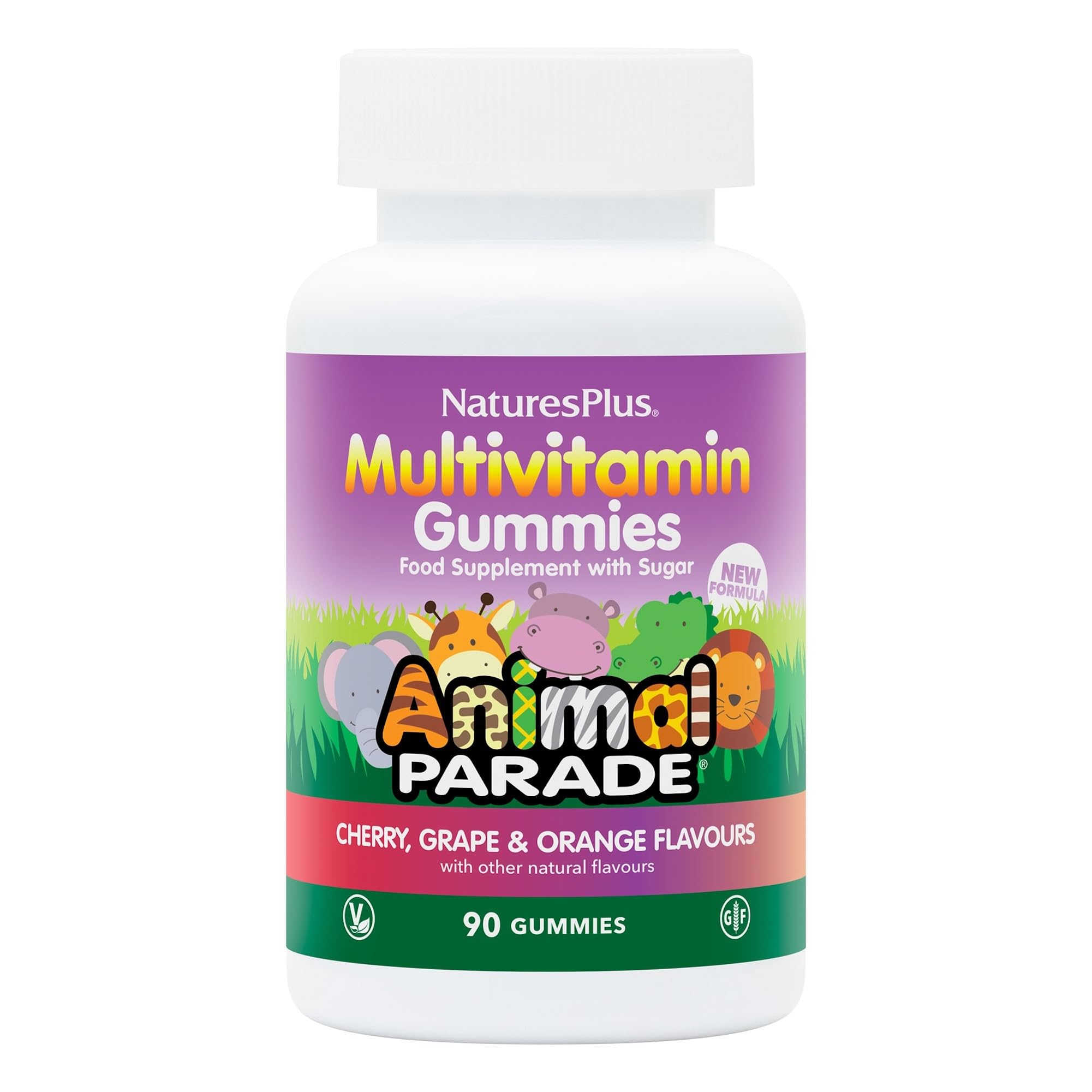 NaturesPlus Animal Parade bottle front with colorful gummies for daily immunity support.
