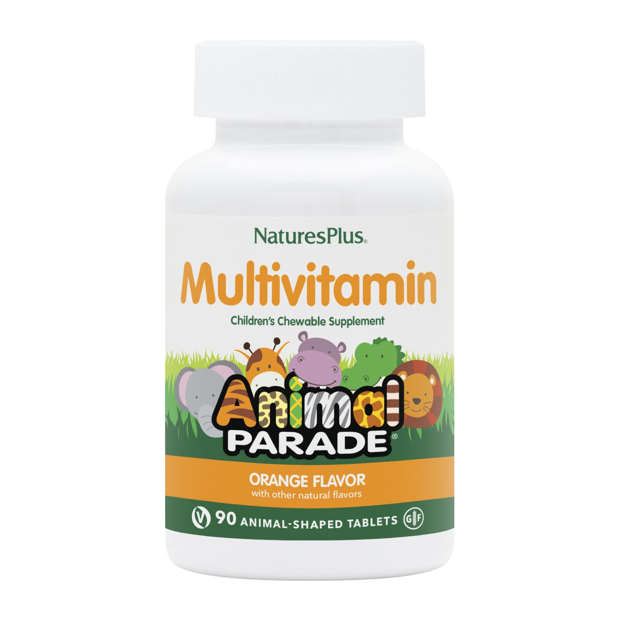 NaturesPlus Animal Parade bottle front with colorful animal-shaped chews for kids' daily nutrition