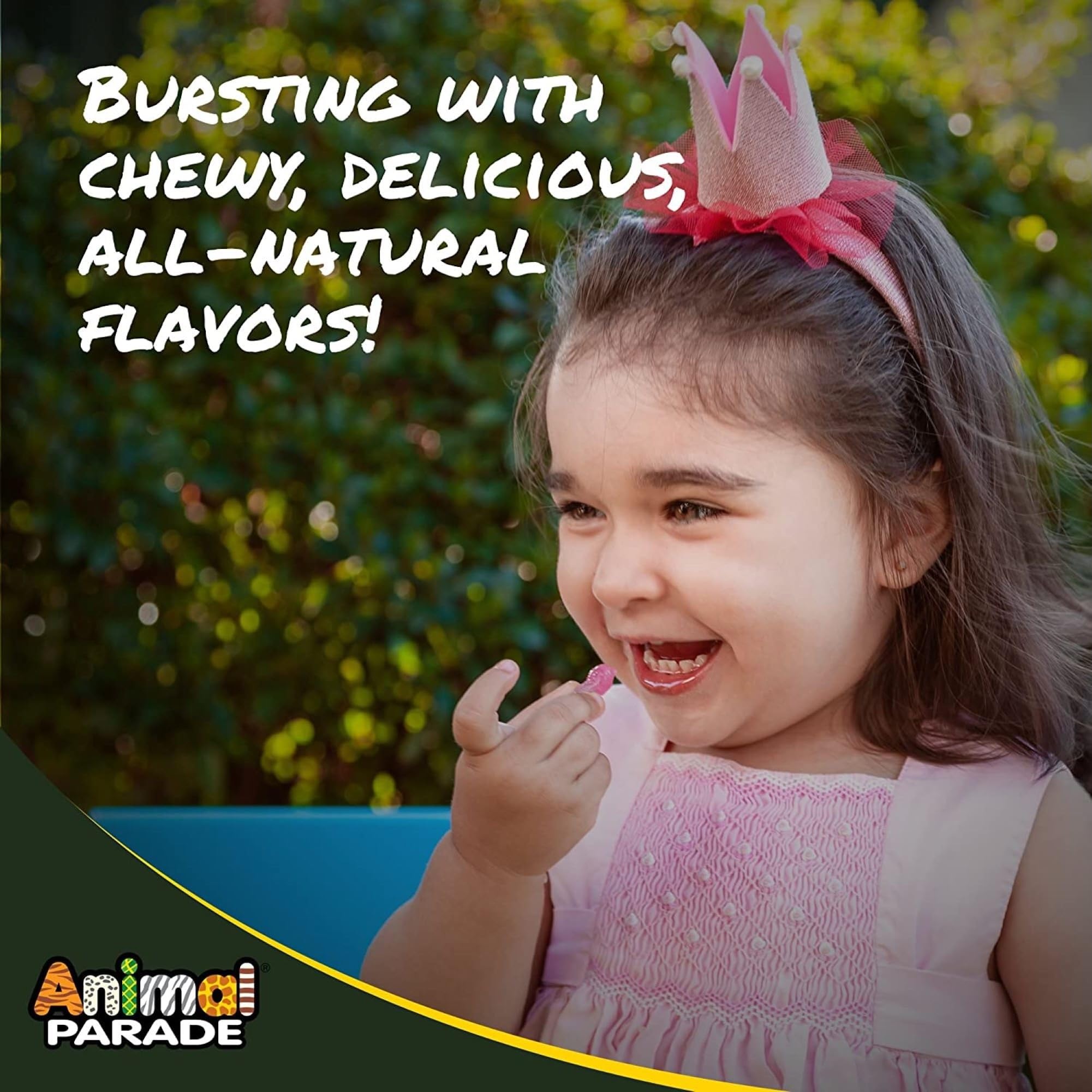 NaturesPlus Animal Parade bottle open showing gummy texture, easy to chew for kids.
