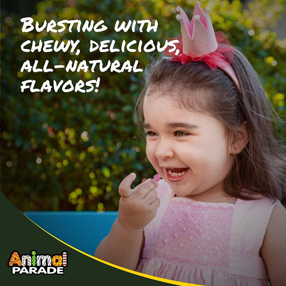 NaturesPlus Animal Parade bottle open showing gummy texture, easy to chew for kids.
