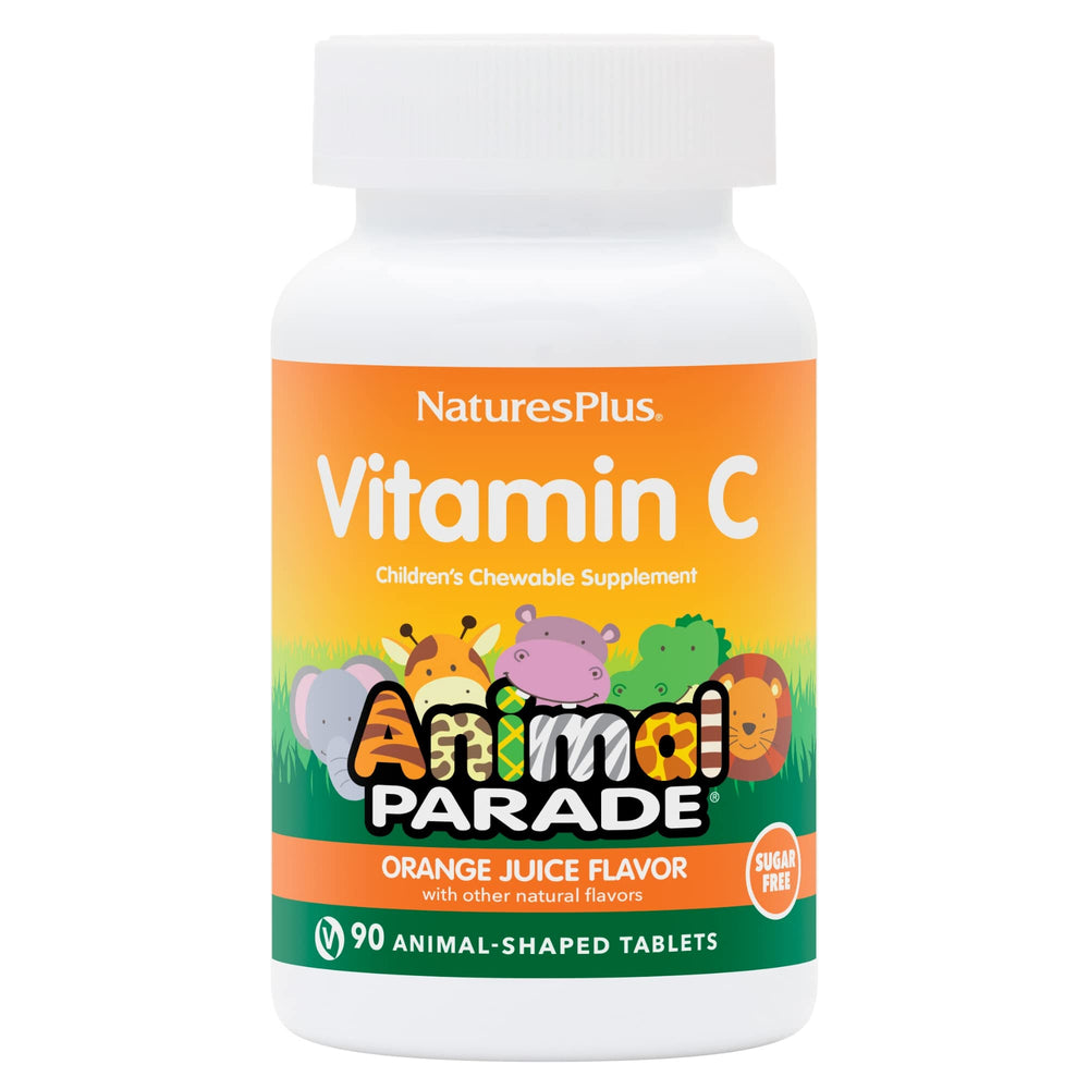 NaturesPlus Animal Parade orange-flavored chews in a kid-friendly bottle for daily use.