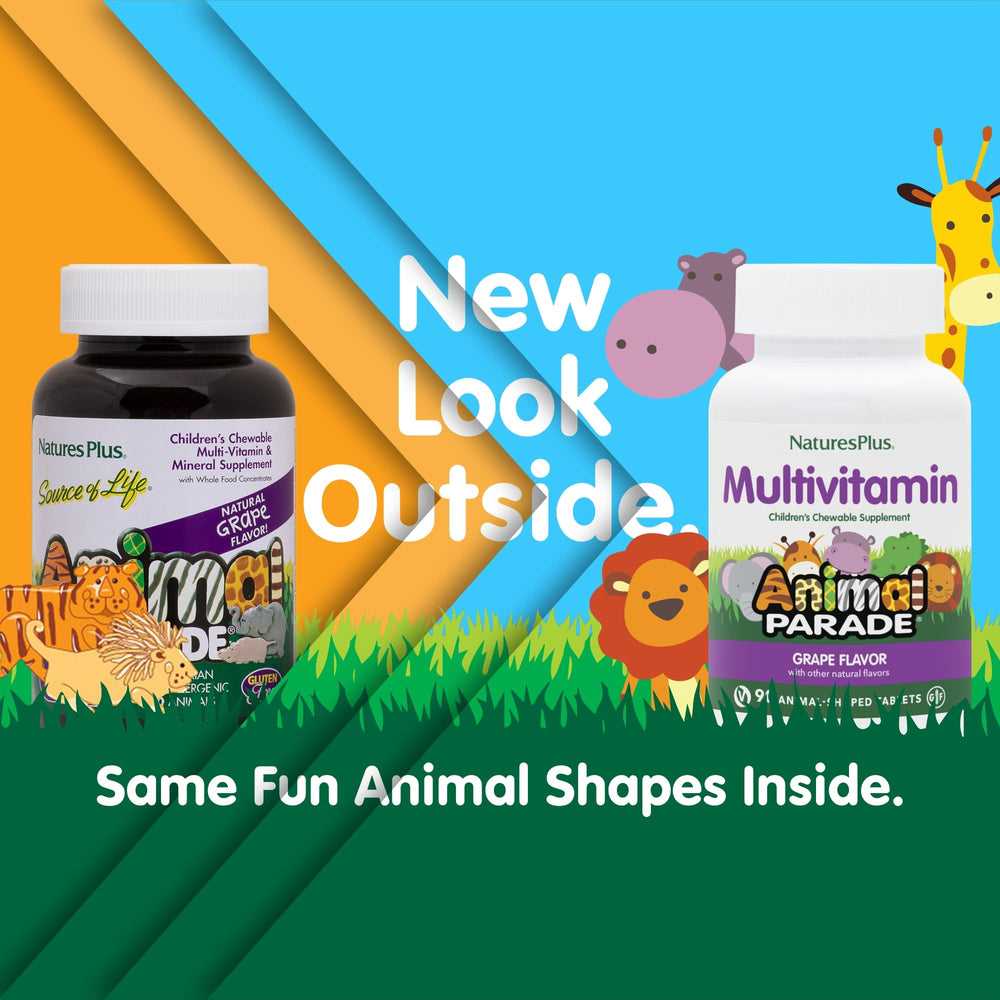 NaturesPlus Animal Parade bottle side label shows gluten-free and vegan-friendly details.