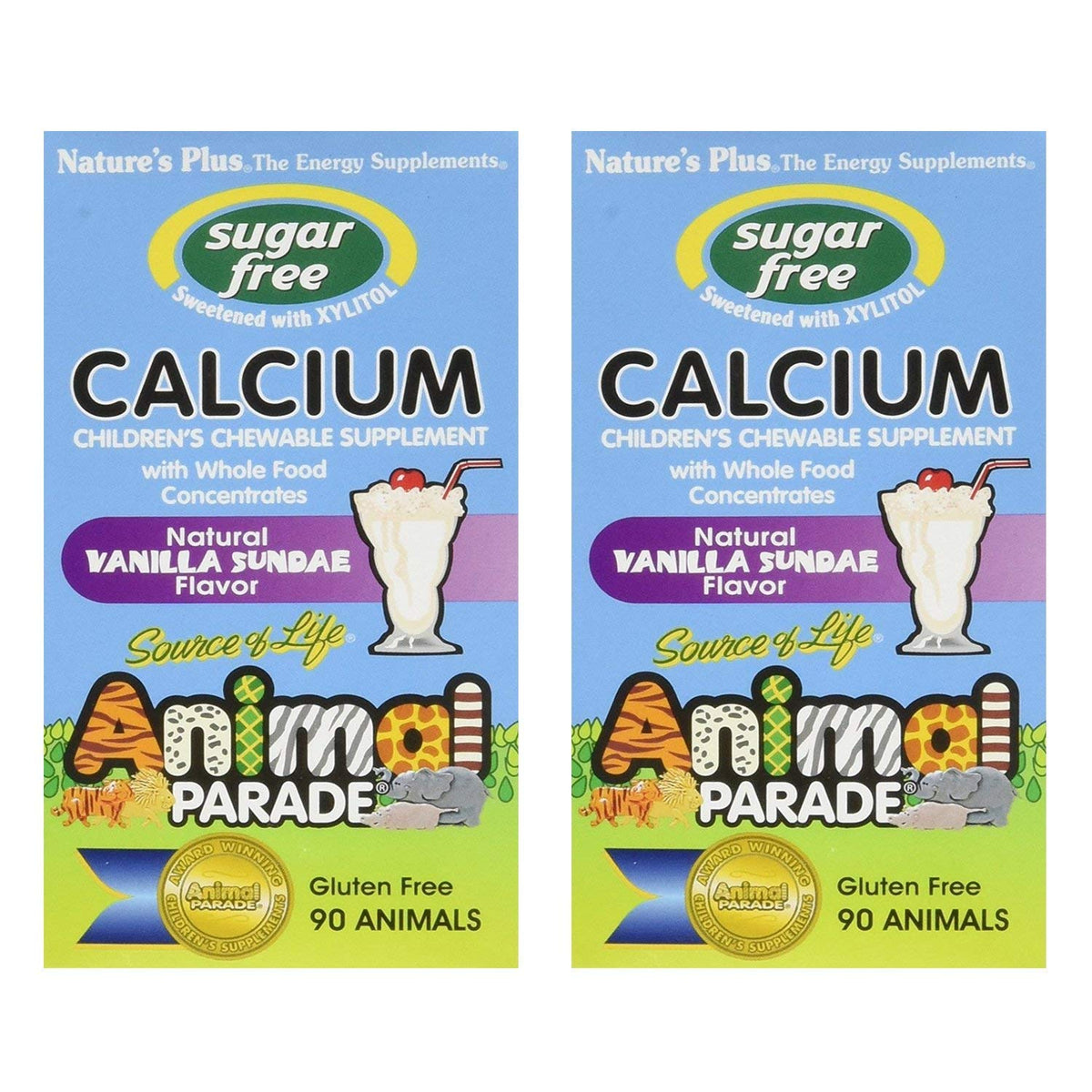 NaturesPlus Animal Parade calcium chewables in vanilla sundae flavor, bone-supporting for kids.