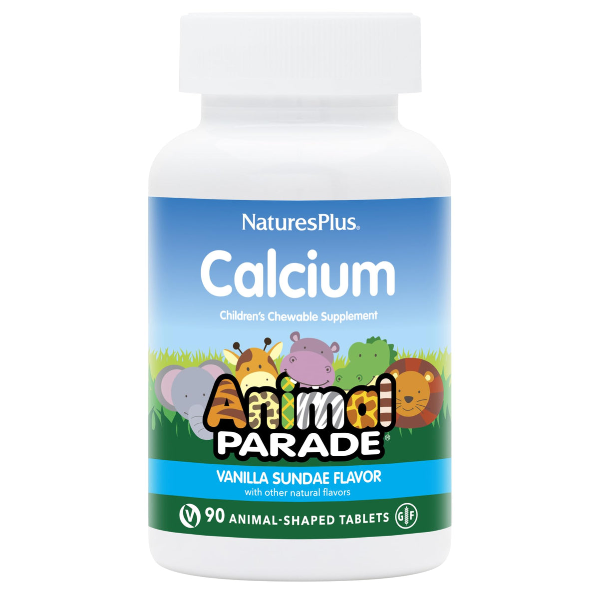 NaturesPlus Animal Parade Calcium bottle front showing vanilla sundae flavor for bone health support