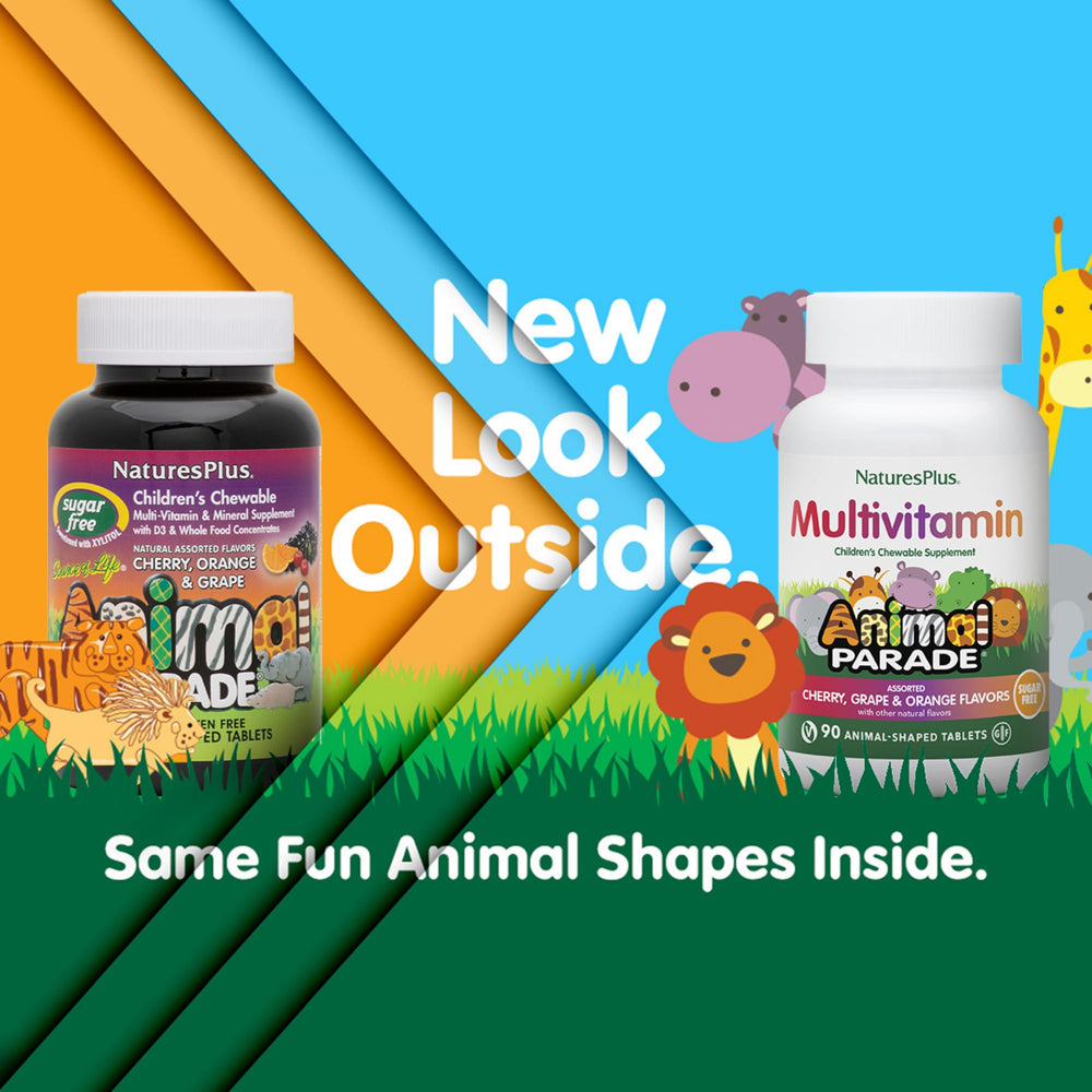 NaturesPlus Animal Parade cherry-flavored chewables for a tasty, sugar-free vitamin bite.