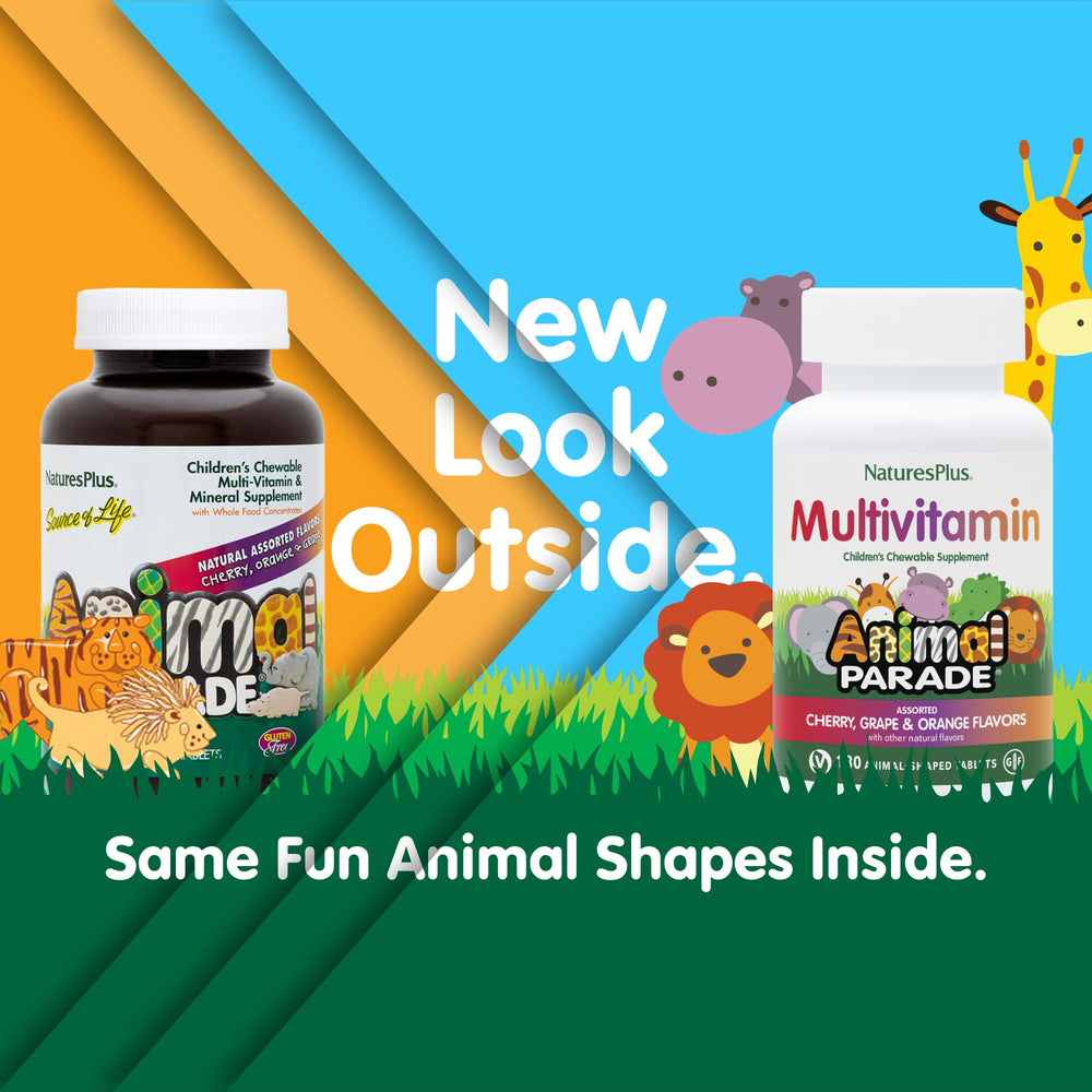 NaturesPlus Animal Parade animal-shaped chews in bright colors, kid-friendly for daily vitamin support