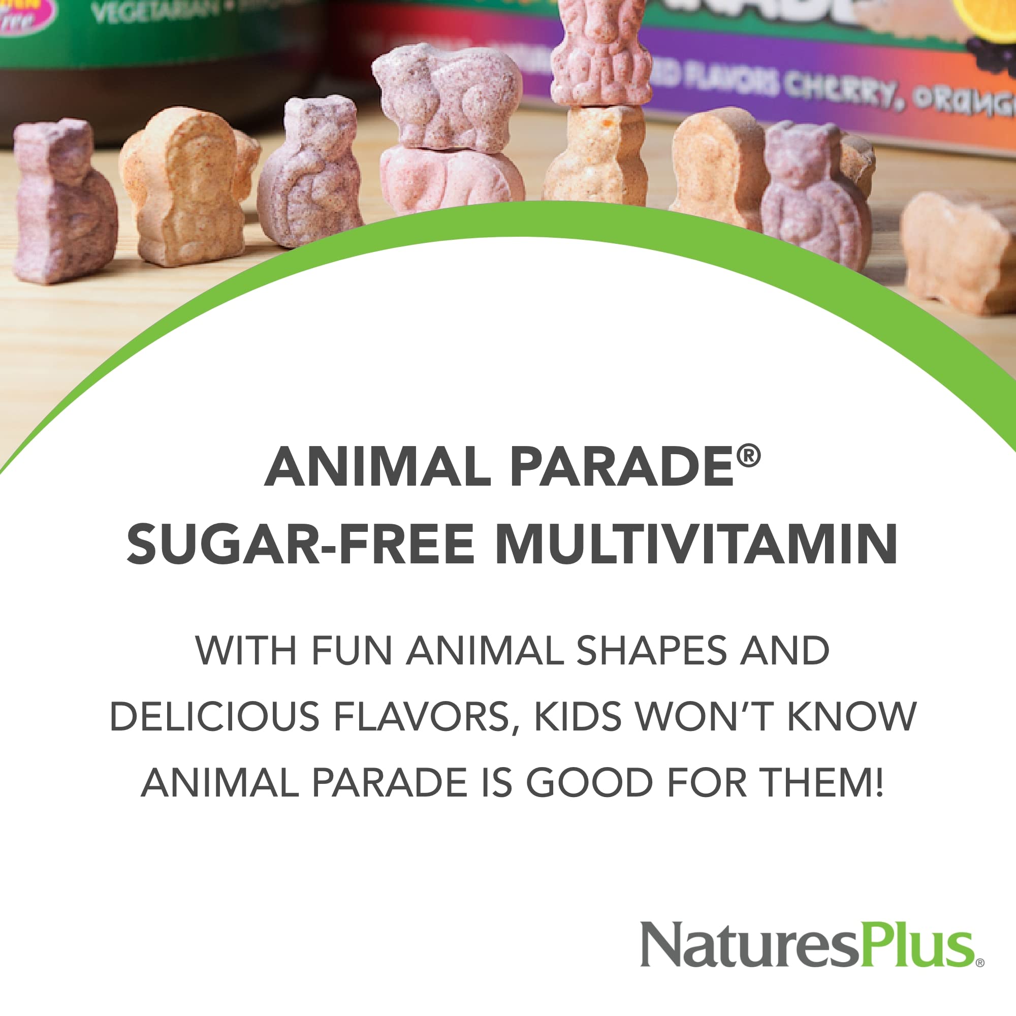 NaturesPlus Animal Parade flavors cherry, grape, and orange on the packaging entice little tasters.