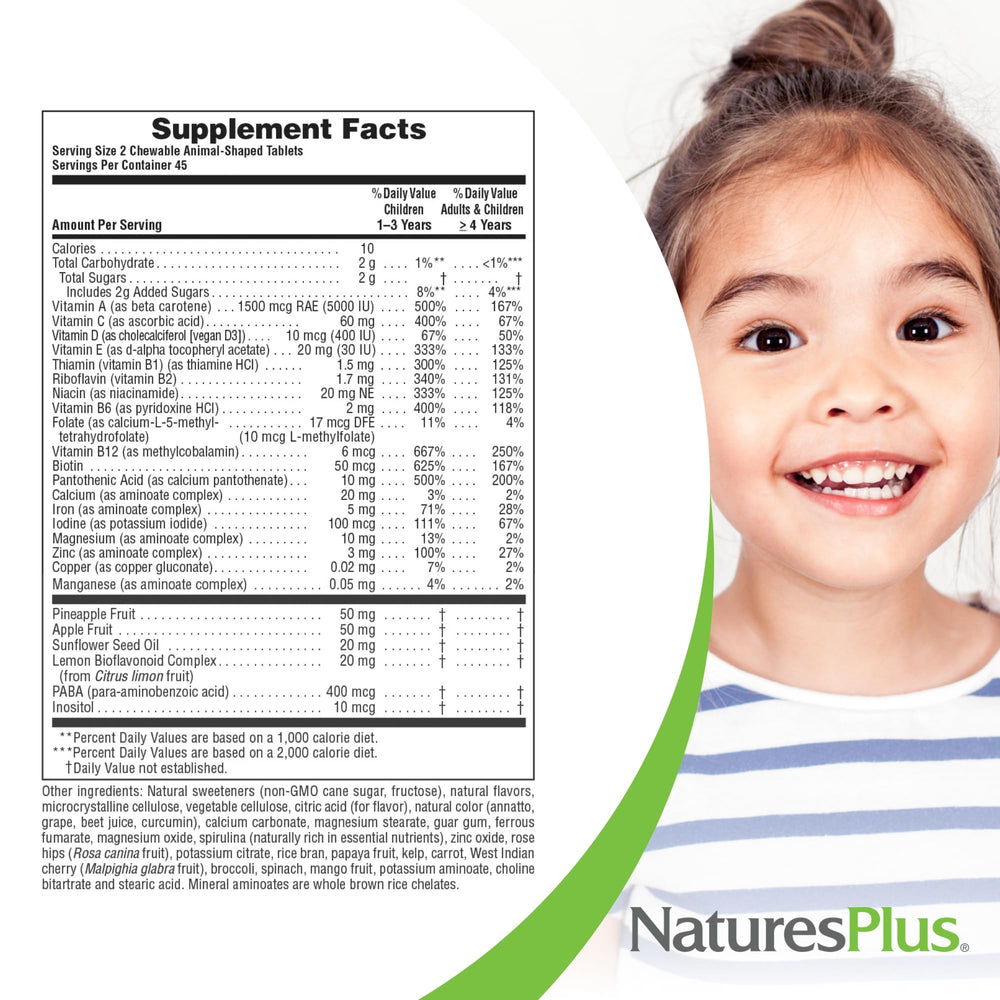 NaturesPlus Animal Parade gluten-free and vegan labels visible on packaging.