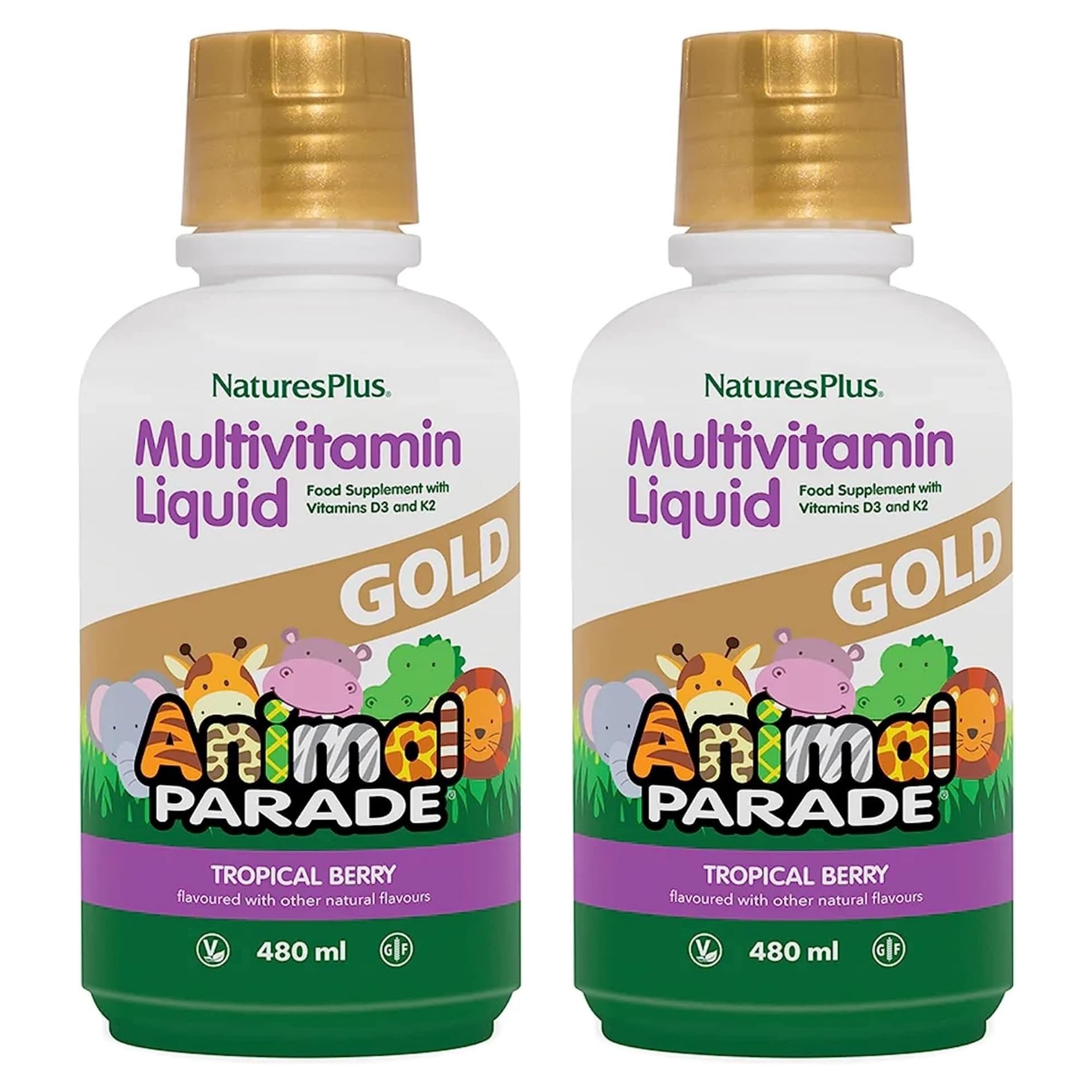 NaturesPlus Animal Parade Gold bottle front—kid-friendly multivitamin in vegan formula.