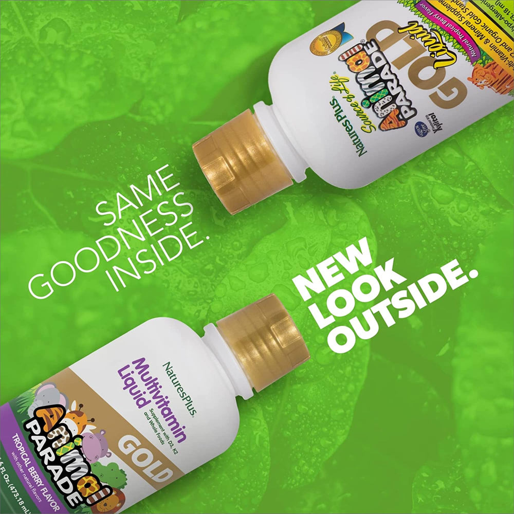 NaturesPlus Animal Parade Gold bottle pour—easy daily dosing for kids.