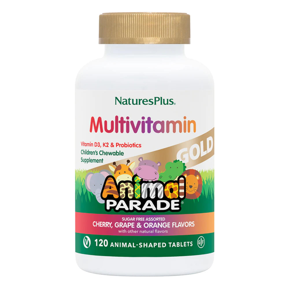 NaturesPlus Animal Parade Gold bottle featuring kid-friendly chewables for daily wellness.