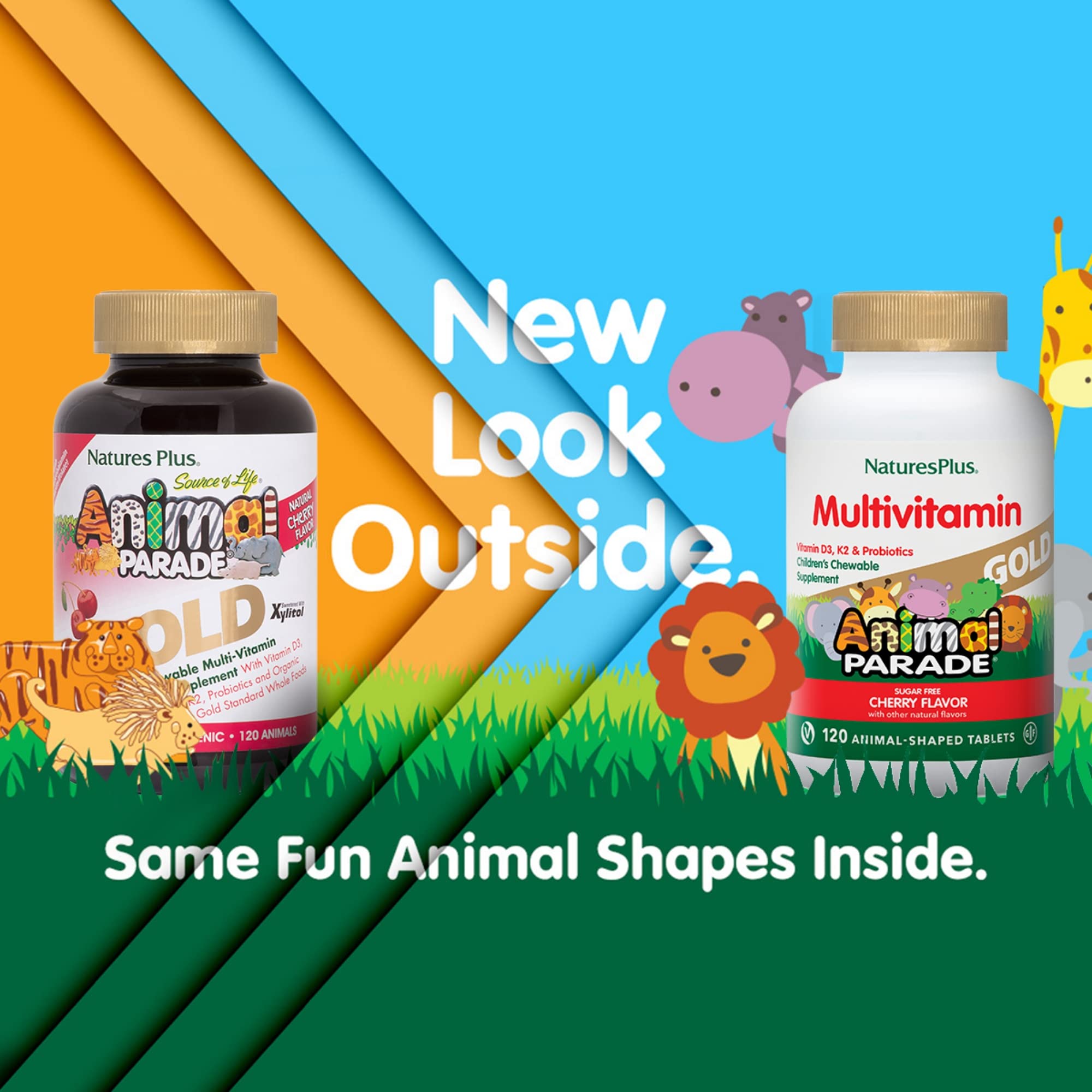 NaturesPlus Animal Parade Gold cherry-flavored tablets in fun animal shapes for daily nutrition.