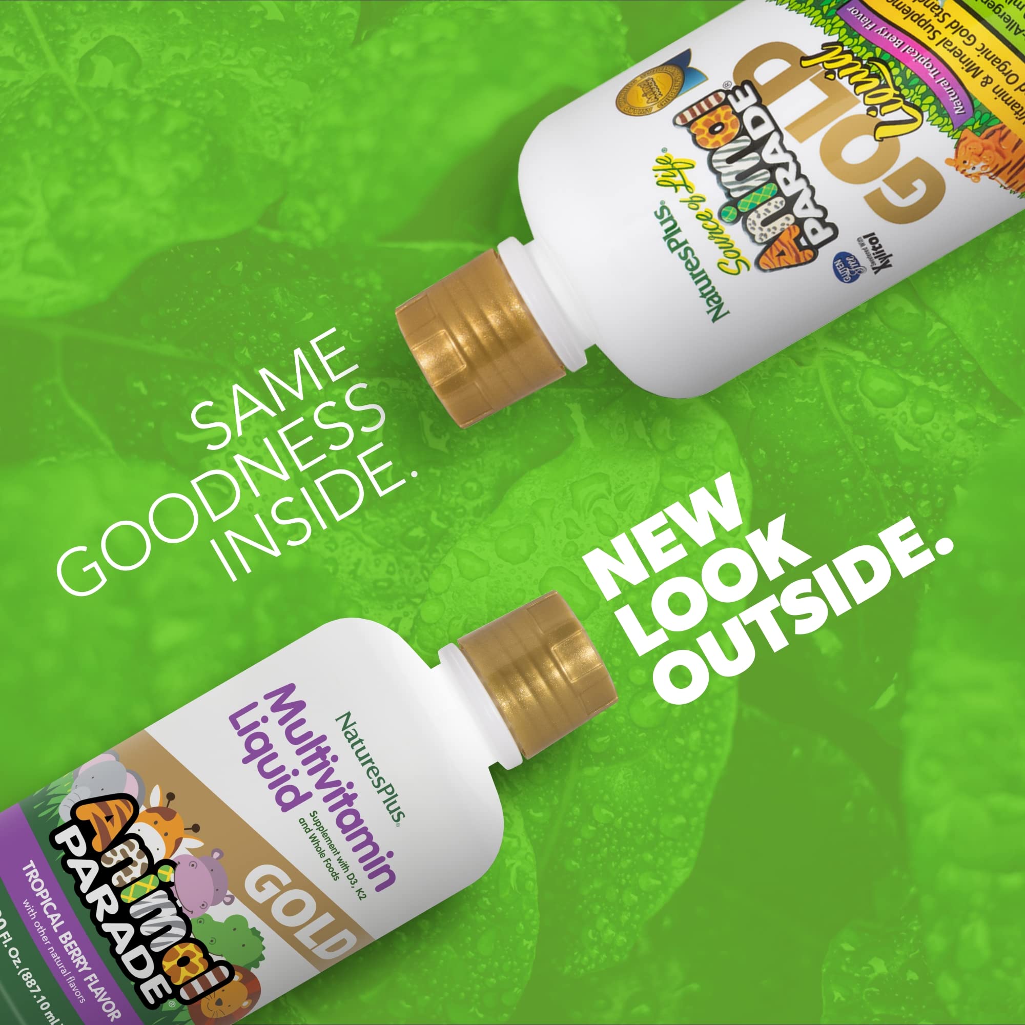 NaturesPlus Animal Parade Gold dosing spoon demonstrates easy daily servings for children.