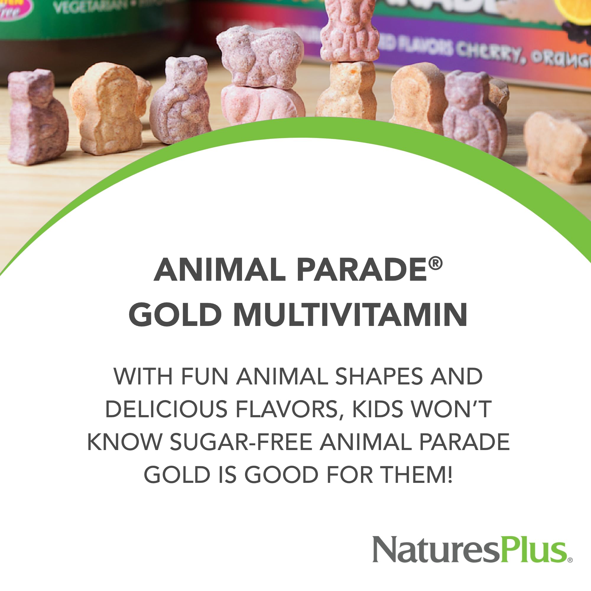 NaturesPlus Animal Parade Gold flavors cherry orange grape provide tasty nutrition