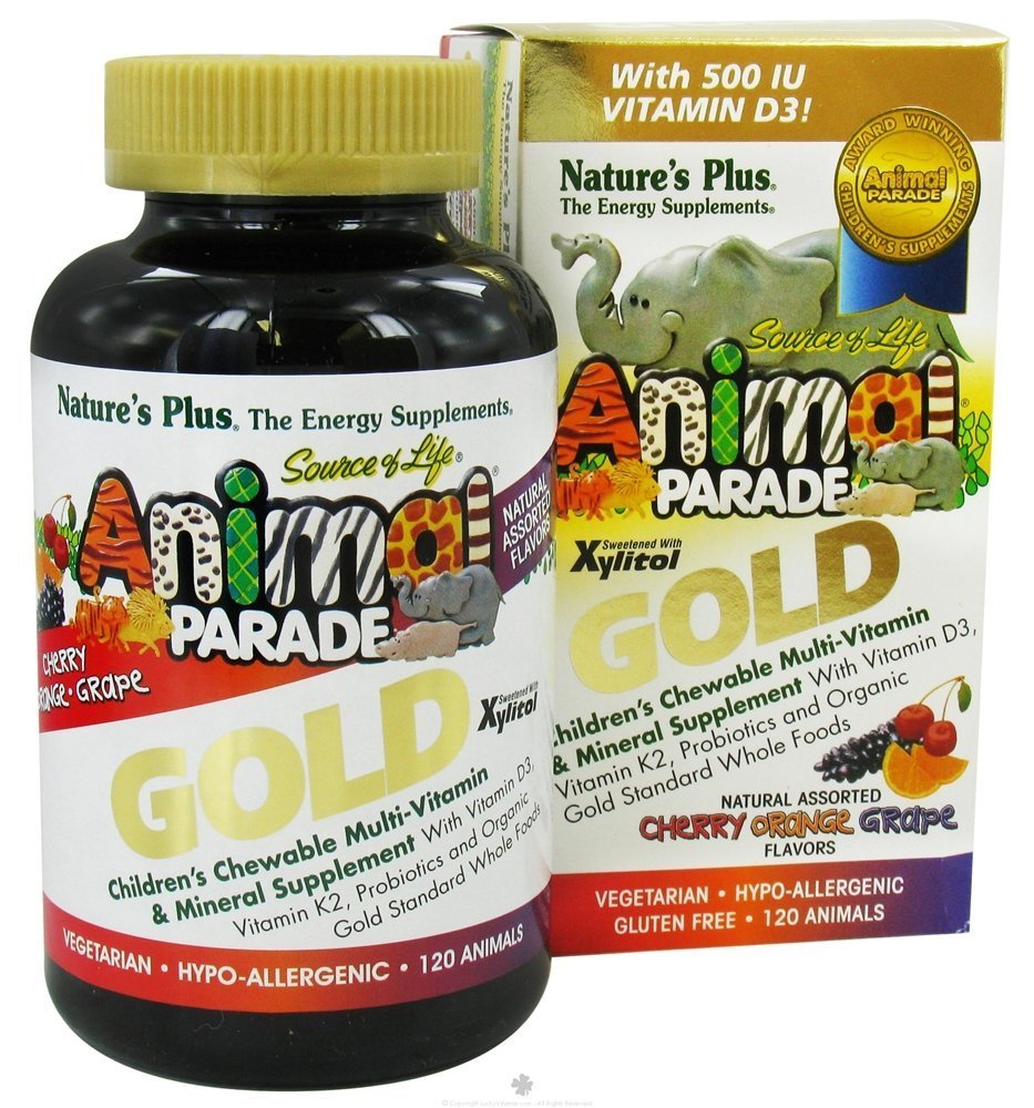 NaturesPlus Animal Parade Gold nutrition label close-up; vegan and gluten-free formulation.