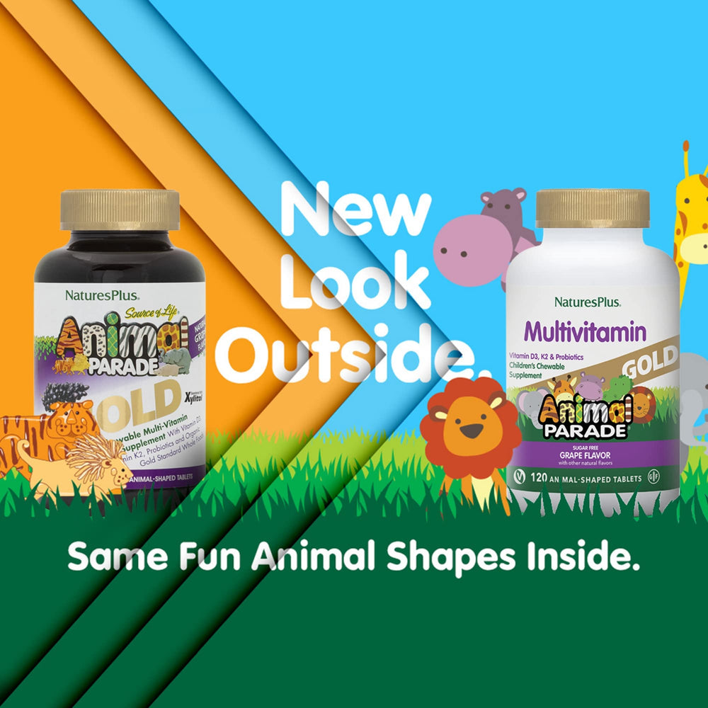 NaturesPlus Animal Parade Gold grape-flavored chews support kids' nutrition.