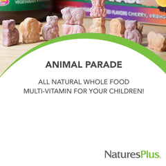 NaturesPlus Animal Parade Gold label closeup highlighting organic whole foods ingredients.