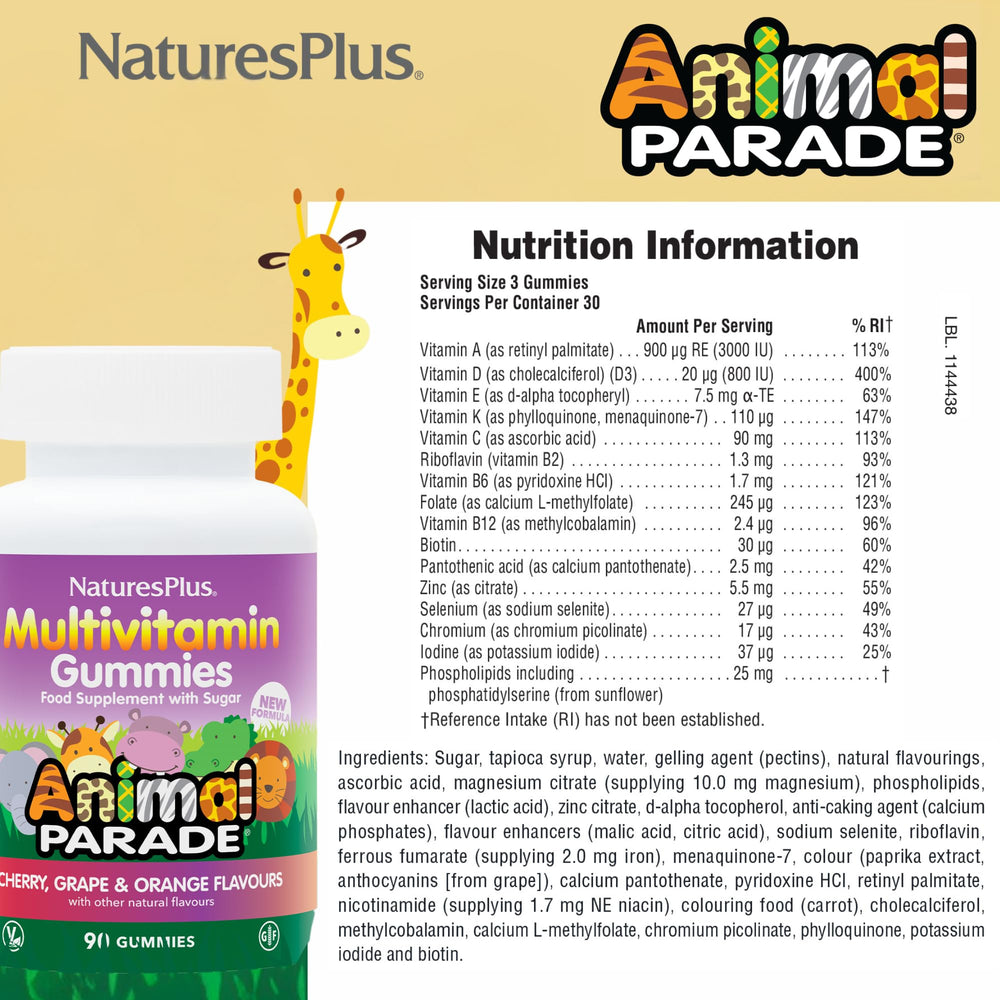 NaturesPlus Animal Parade gummies bears close-up, kid-friendly shapes encourage daily vitamins.