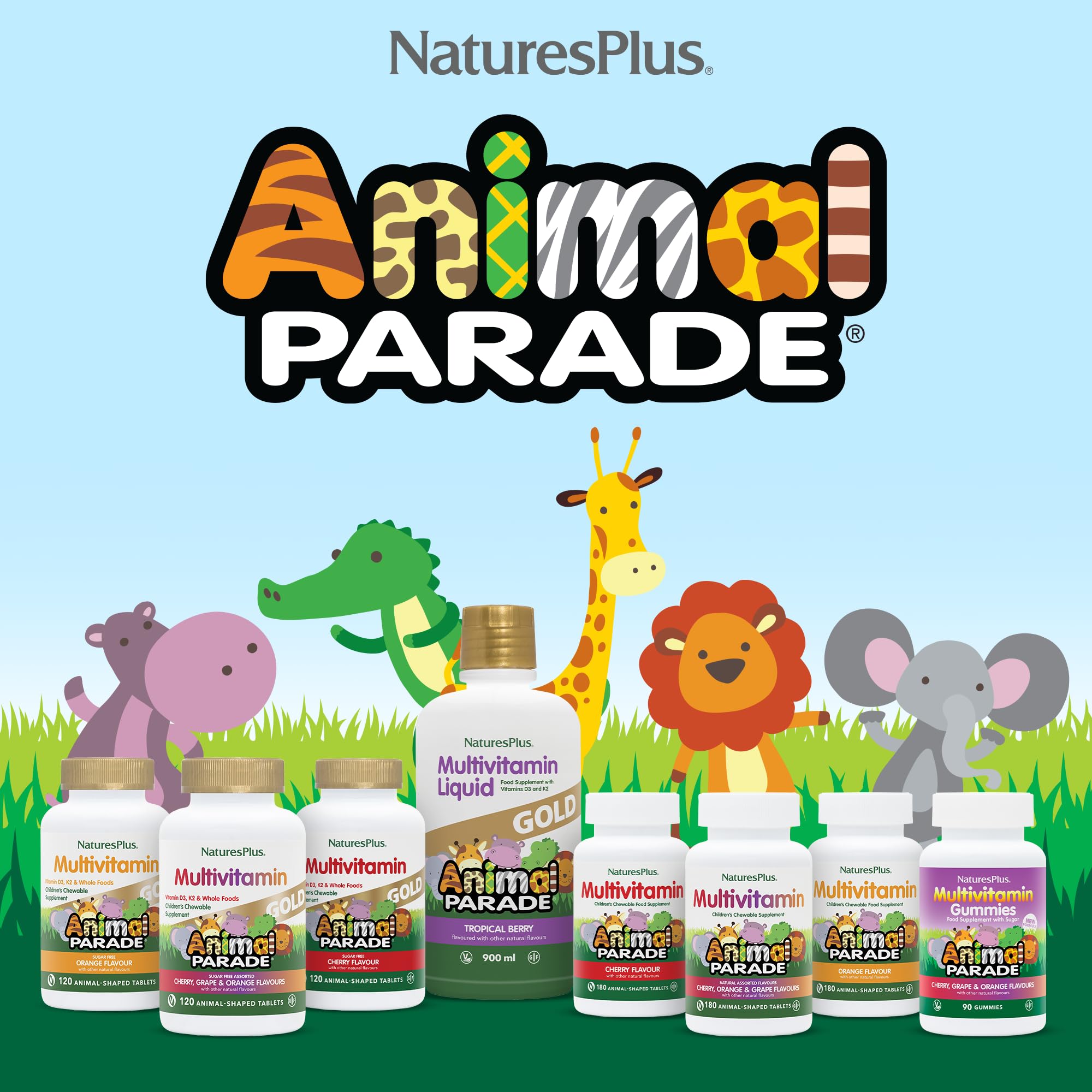 NaturesPlus Animal Parade ingredients include broccoli and spinach, whole-food nutrition.