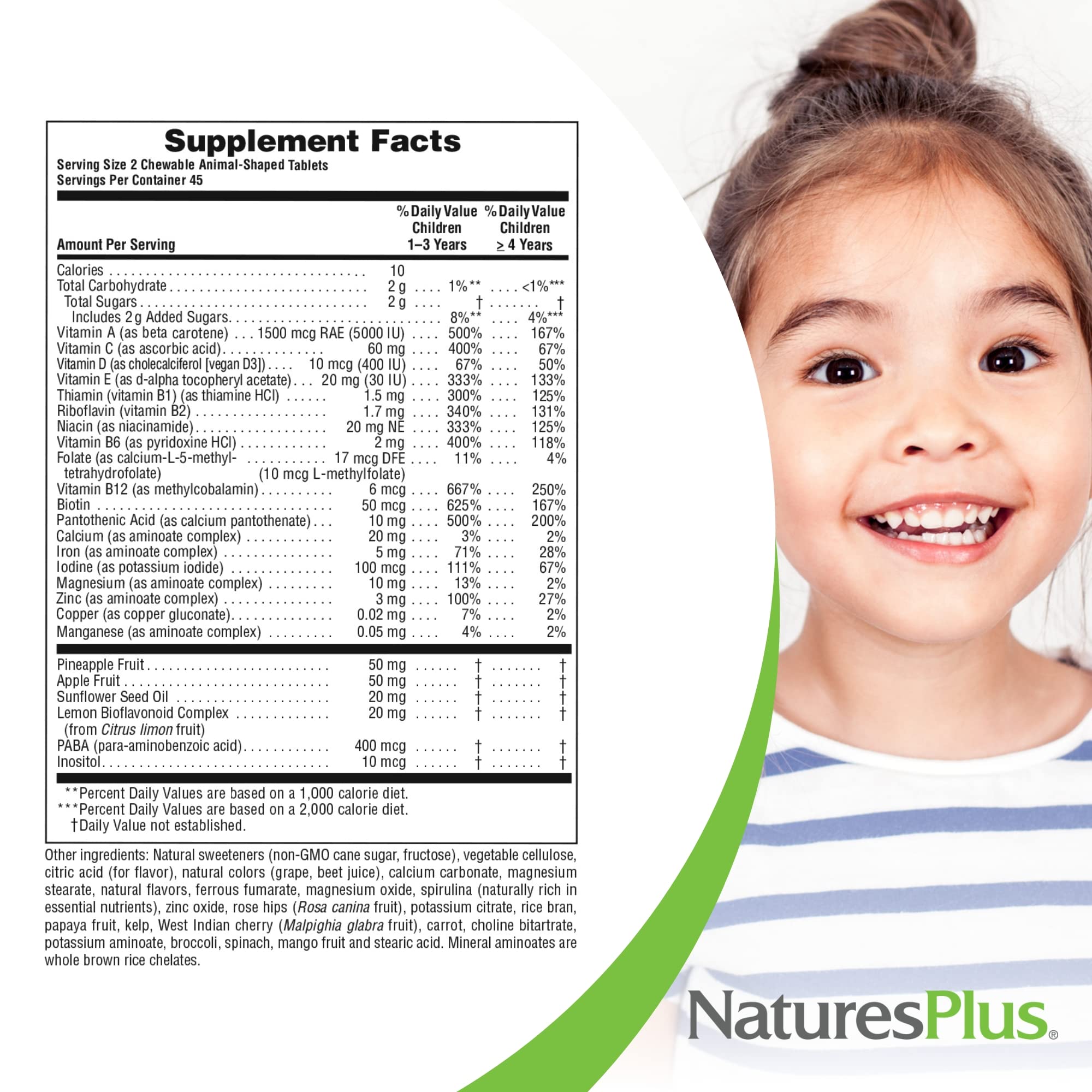 NaturesPlus Animal Parade visuals show whole-food ingredients like spinach and broccoli for balanced nutrition.